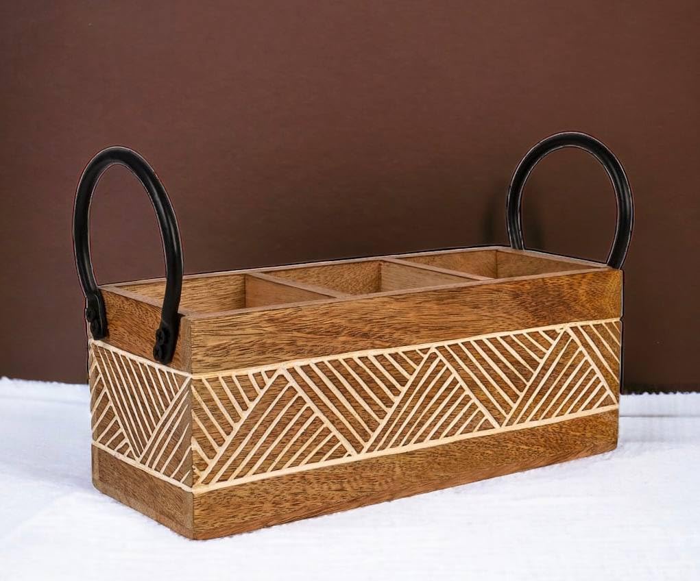 Craft Expertise "Handcrafted Wooden Cutlery Utensils Spoon Holder - 3 Compartment Large Organizer With Iron Handles - Rustic Brown, 11 X 4 X 4 Inches (Classic)
