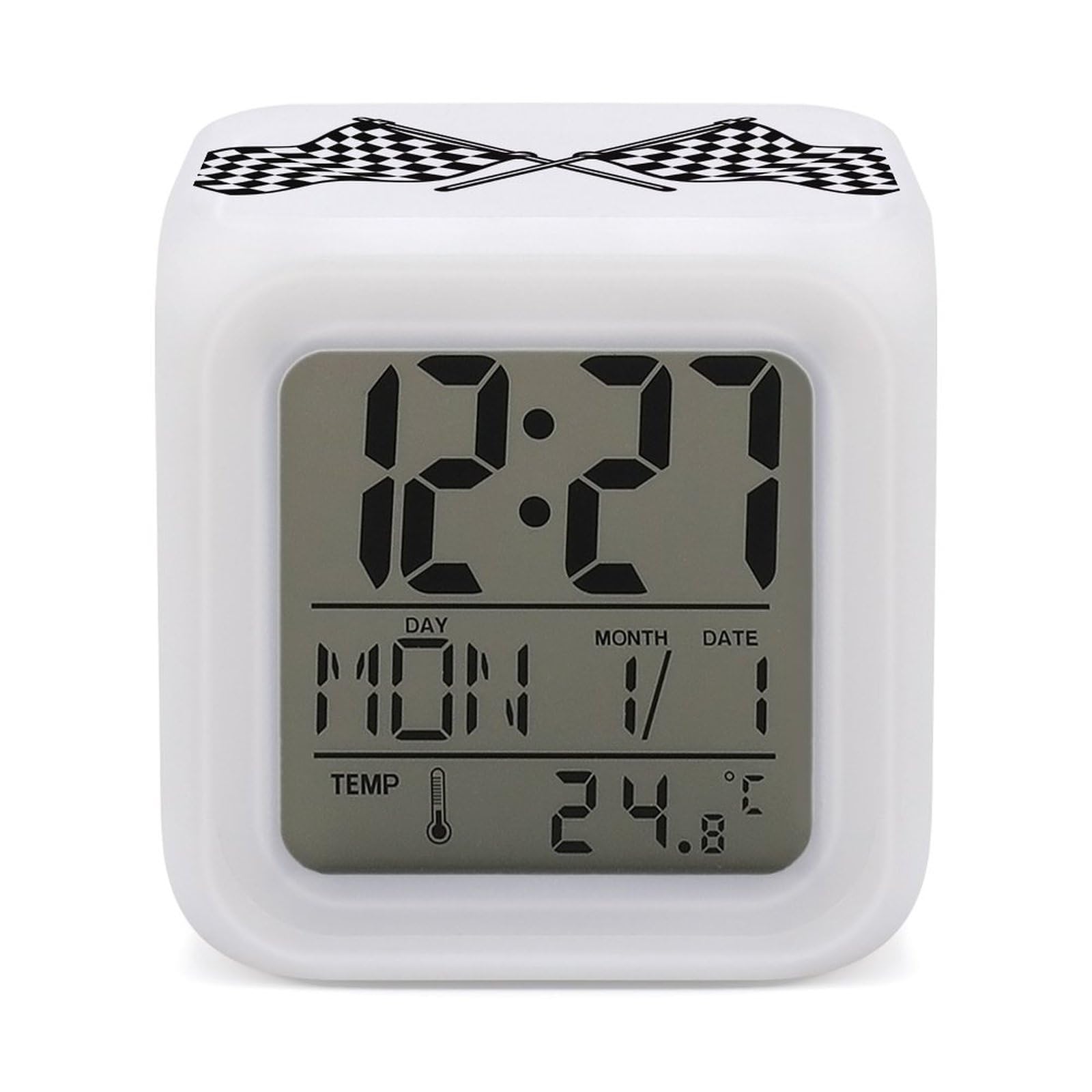 JTREHY 7 Color Changing LED Digital Alarm Clock,Checkered Flags Race Flag Printed Wake-up Clock with Temperature Display Home Decoration Alarm Clock for Bedroom Office