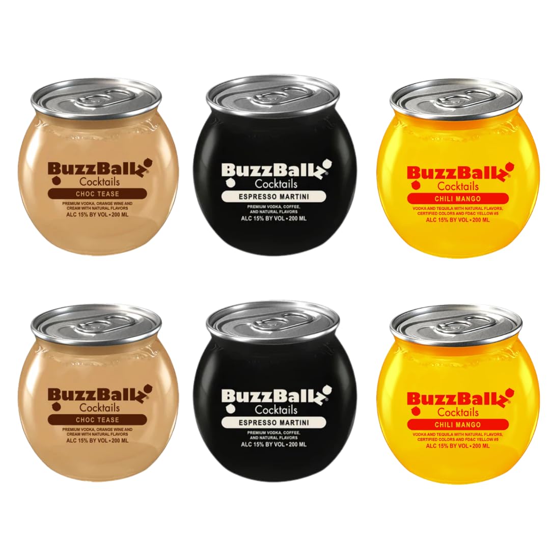 BuzzBallz Mix Set 13,5% vol. – 6 x 200 ml Cocktails – Espresso Martini, Chili Mango, Choc Teas – Fertige Cocktails – Geschenkset von Plug'N'Pour inkl. Sticker – [Enthält Sulfite]
