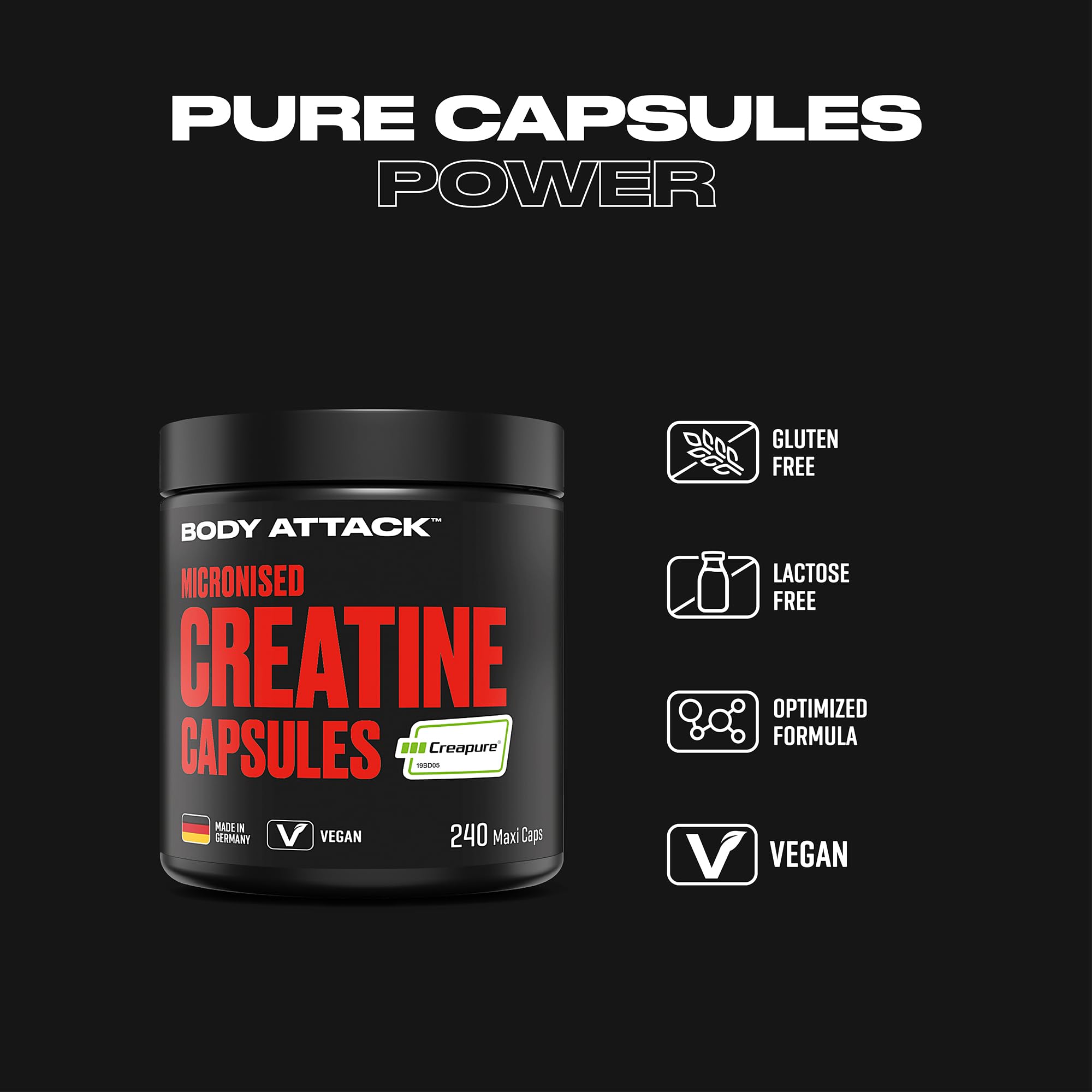 Body Attack Micronised Creatine Kapseln (Creapure®) 240 Caps - hochwertiges Kreatin 100% Made in Germany - hochdosiert für Fitness & Kraftsport, vegan