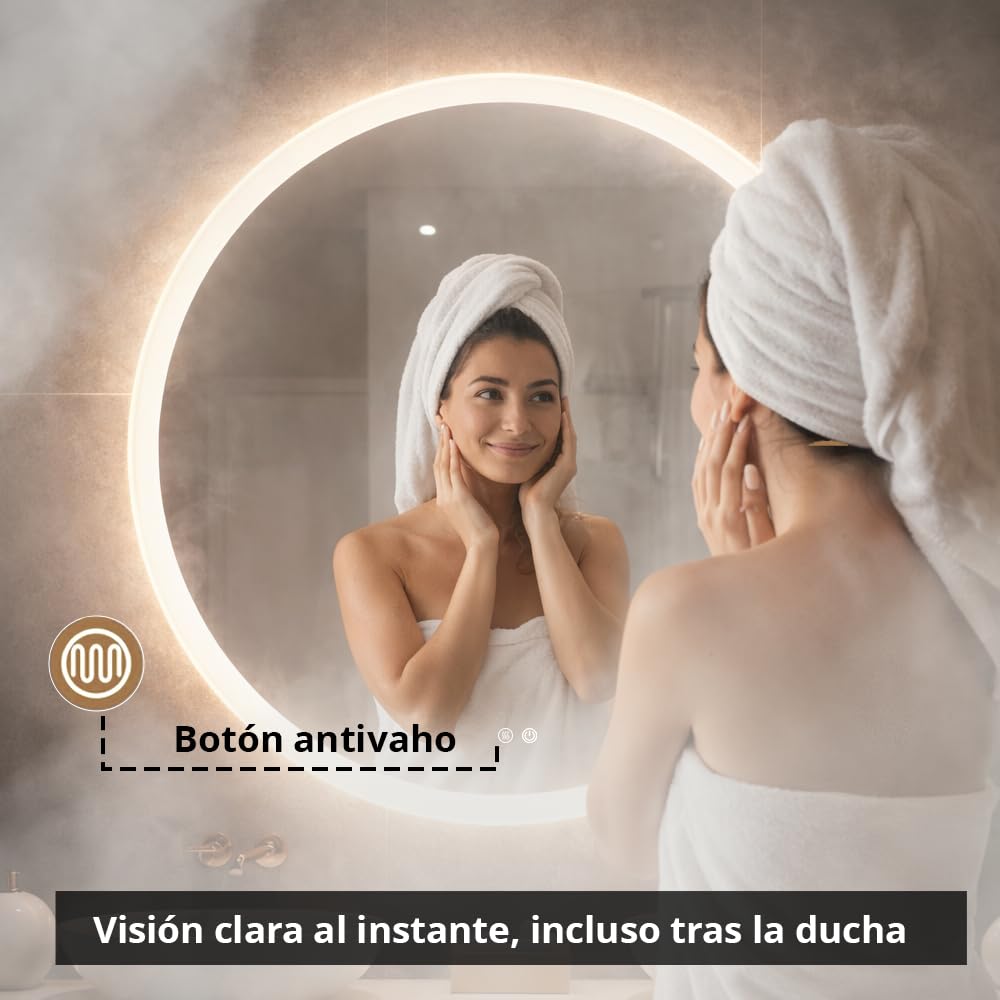 Marcanti Espejo Baño con Luz LED Regulable 80 cm Antivaho Interruptor Táctil Brillo Ajustable Memoria