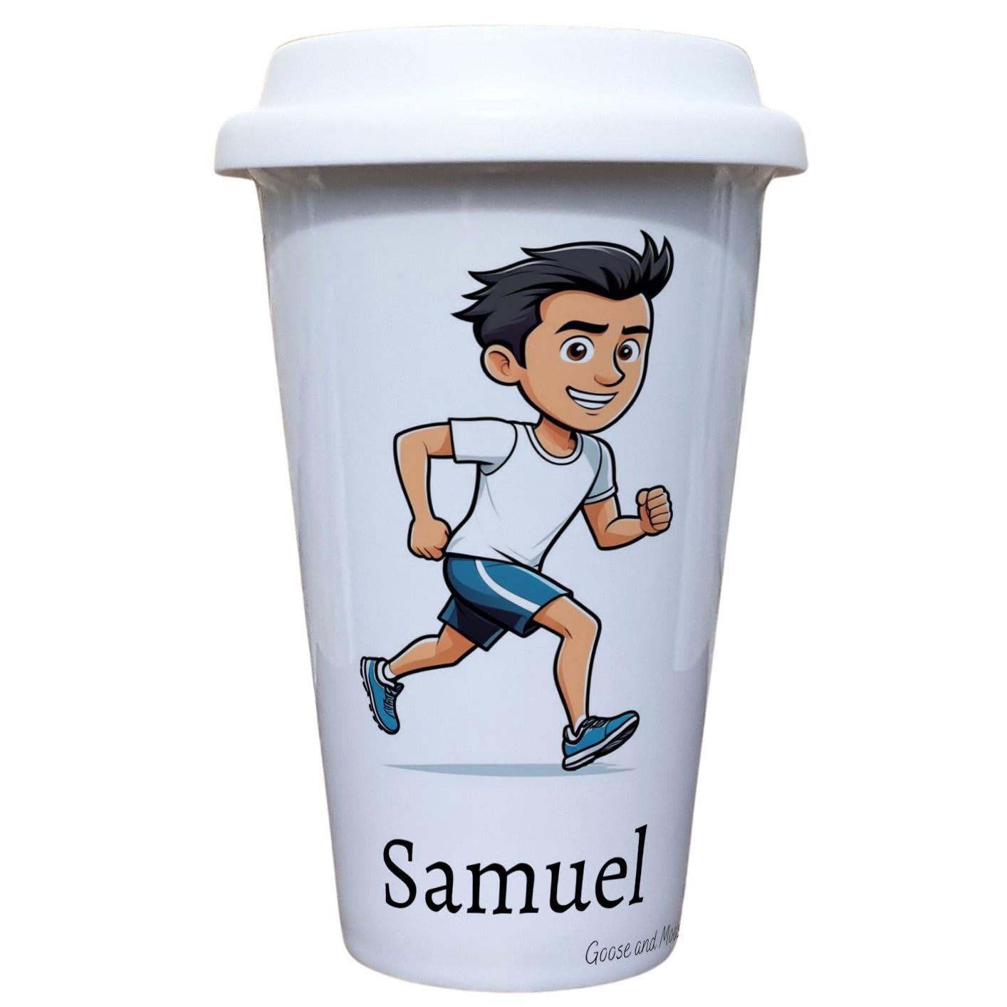 Personalised Running Travel Mug, Gift for Sports Lover, Thank you present for Runner, Hot Drinks Flask, Insulated Coffee Cup