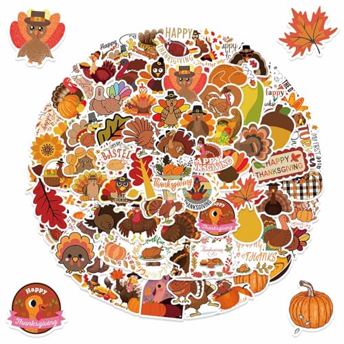 Thanksgiving Stickers 100 PCS Pack Pumpkin Turkey Fall Sticker Decals Waterproof Cute Aesthetic Stickers for Kids Teens Thanksgiving Day Decoration Gifts