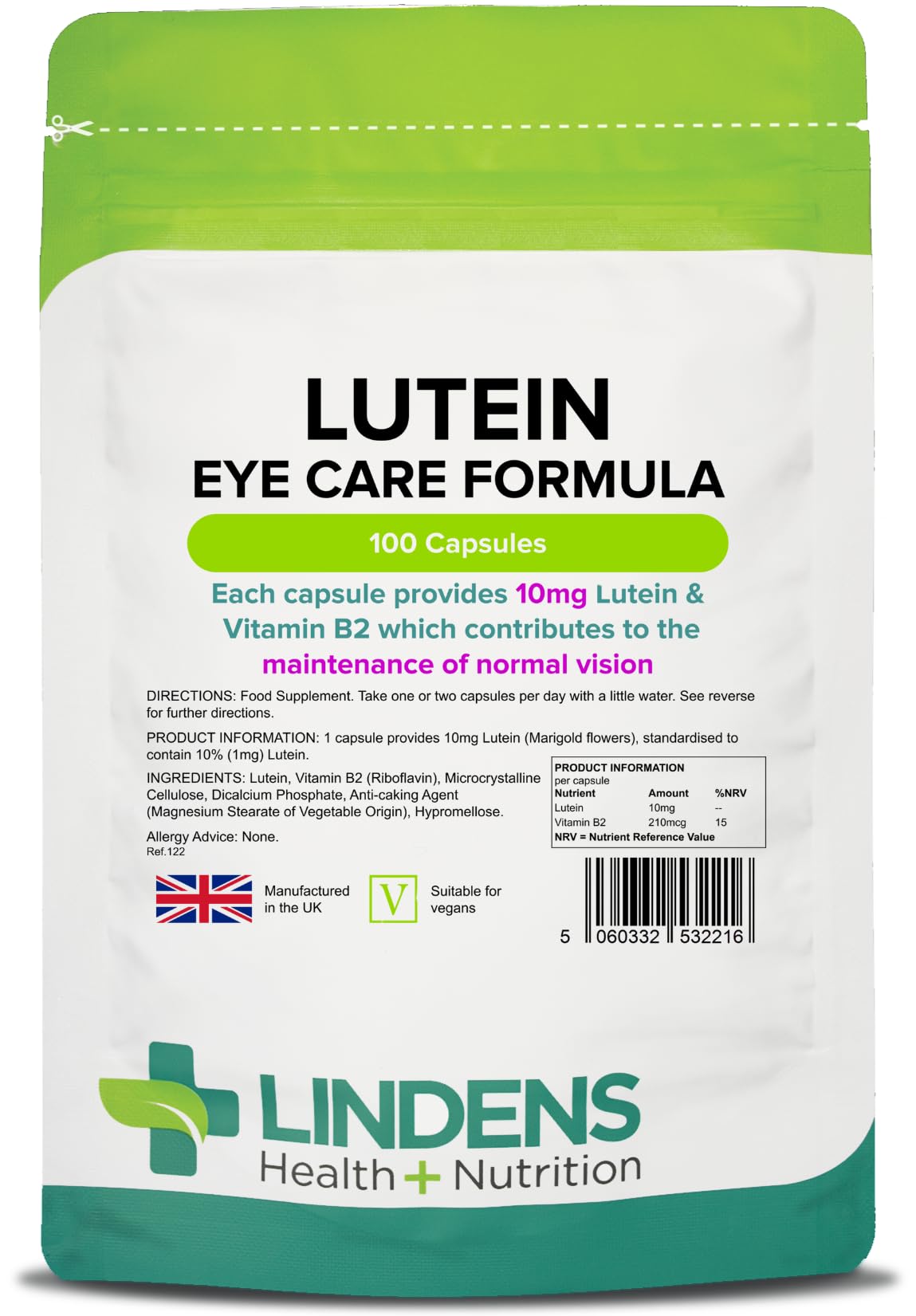 Lutein 10mg, 100 Capsules - UK Made - Marigold Extract with Vitamin B2 - Vision & Eye Health, Standardised Potent Extract - Letterbox Friendly - Vegan