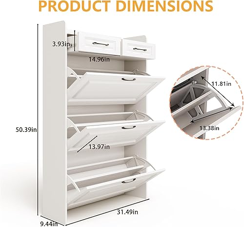 Vista 9 de Armario de zapatos para entrada, armario estrecho de almacenamiento de zapatos con 3 cajones abatibles y 2 cajones superiores, armario organizador