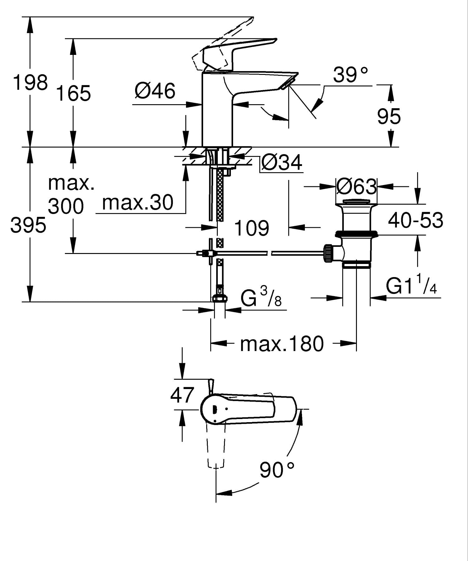GROHE Robinet lavabo de salle de bains Start, mitigeur monocommande avec tirette de vidage, mousseur économique d'eau, installation rapide, chromé, 31137002 (Import Allemagne)