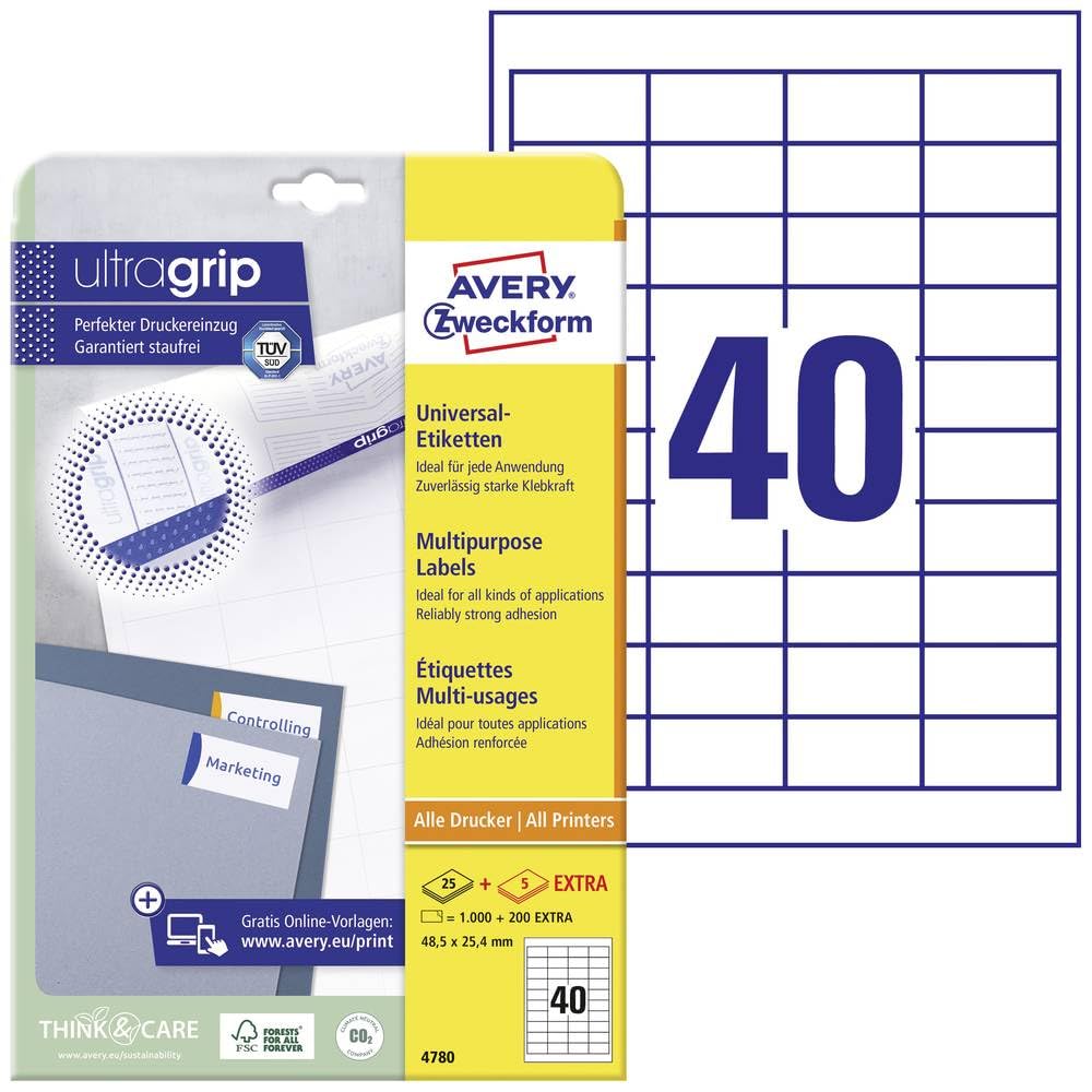 Avery Zweckform 4780 Labels, A4, 1000 + 200 Extra Universal Labels (48.5 x 25.4 mm), 30 Sheets, White