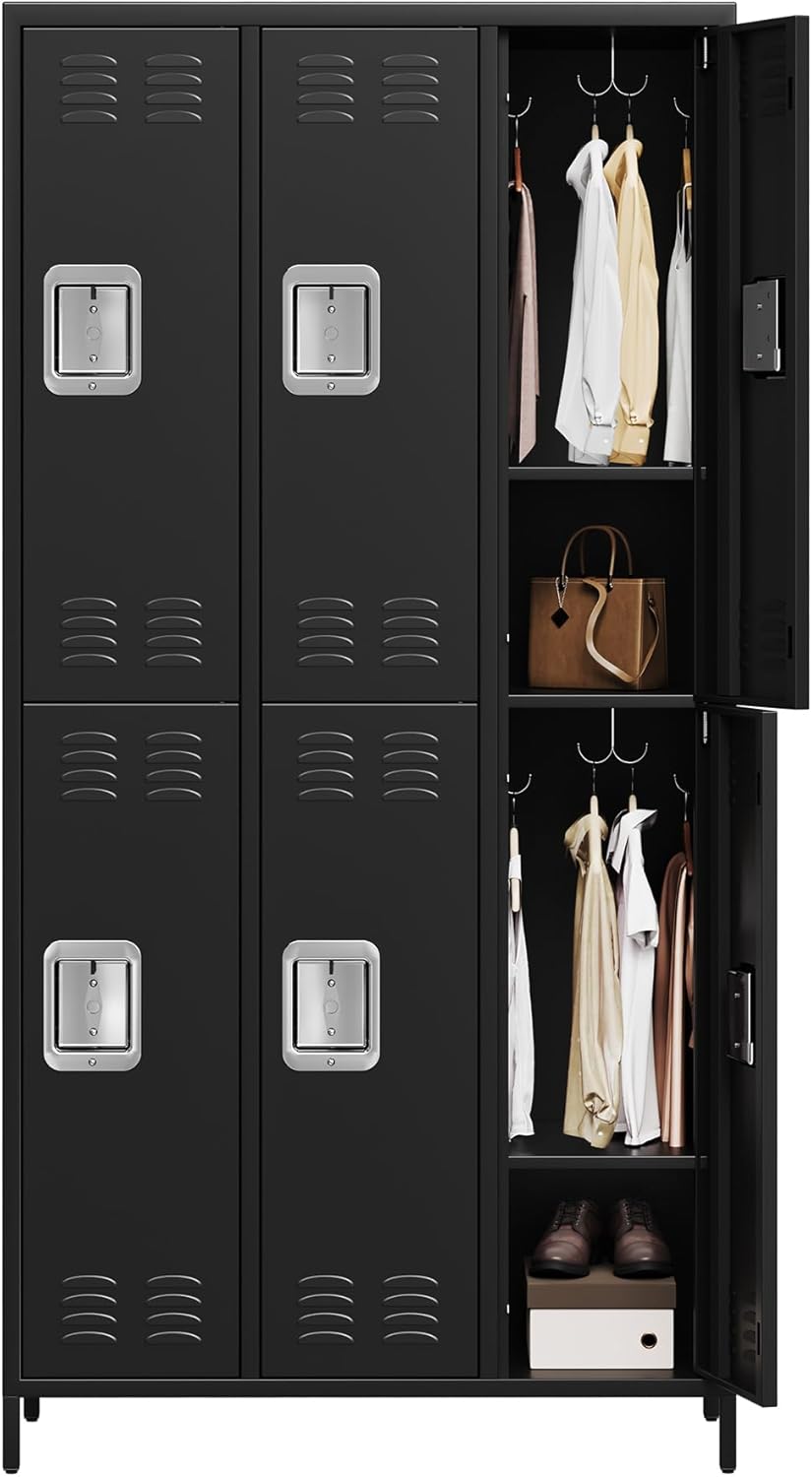 PioneerWorks 6-Door Metal Storage Locker with 18 Hooks, Heavy Duty Steel Locker for Gym, School, Office, Garage, Employee Locker Room, Home Organization, Black, Assembly Required