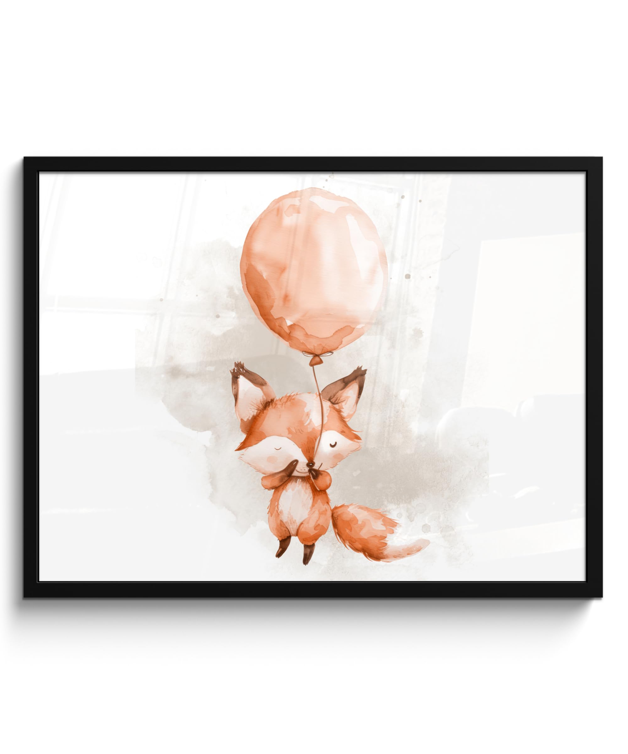 MuchoWow© Bilder mit Rahmen 80x60 cm Poster Wanddekoration Wohnzimmer Deko Modern Geschenke Bilderrahmen Fuchs - Luftballon - Aquarell - Kinder - Mädchen