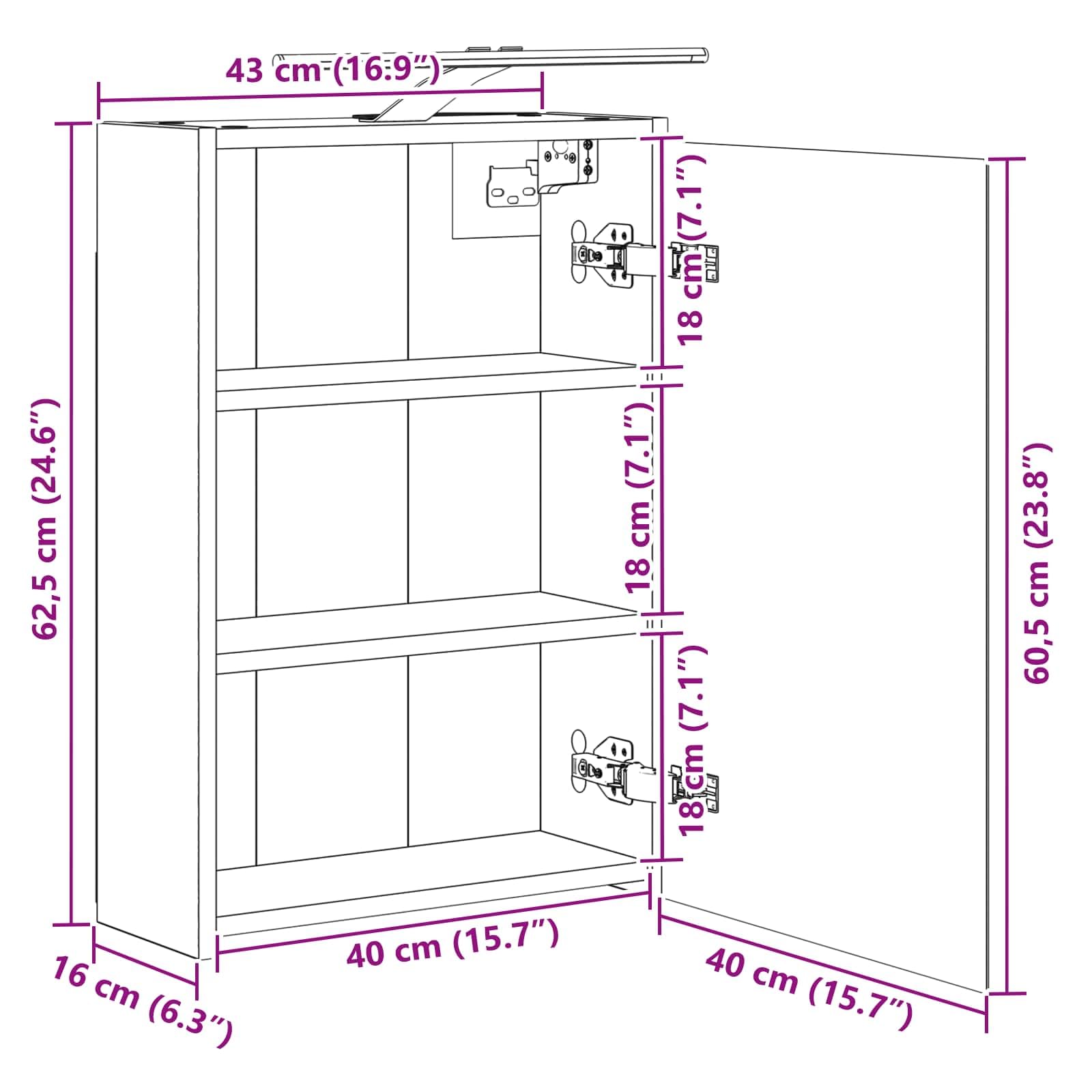 Mangloder Armadietto da bagno a specchio in legno anticato con strisce LED, 43 x 16 x 62,5 cm, montaggio a parete, specchio bidirezionale, 1 anta, 2 ripiani, portaoggetti per lavandino, bagno