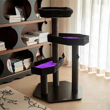 Happy & Polly Multi-Level Gothic Cat Tree with Coffin Bed - 52.6" Black Cat Tower with Soft Mats Red Purple, Large
