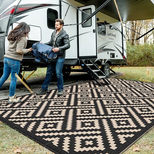 Image of GENIMO Outdoor Rug, Waterproof Plastic Rugs 10'x14' for Camping Black Beige | Outside Larger Modern Carpet Mat for Patio Decor, RV, Porch, Camper, Deck, Picnic, Beach, Backyard, Reversible, Foldable