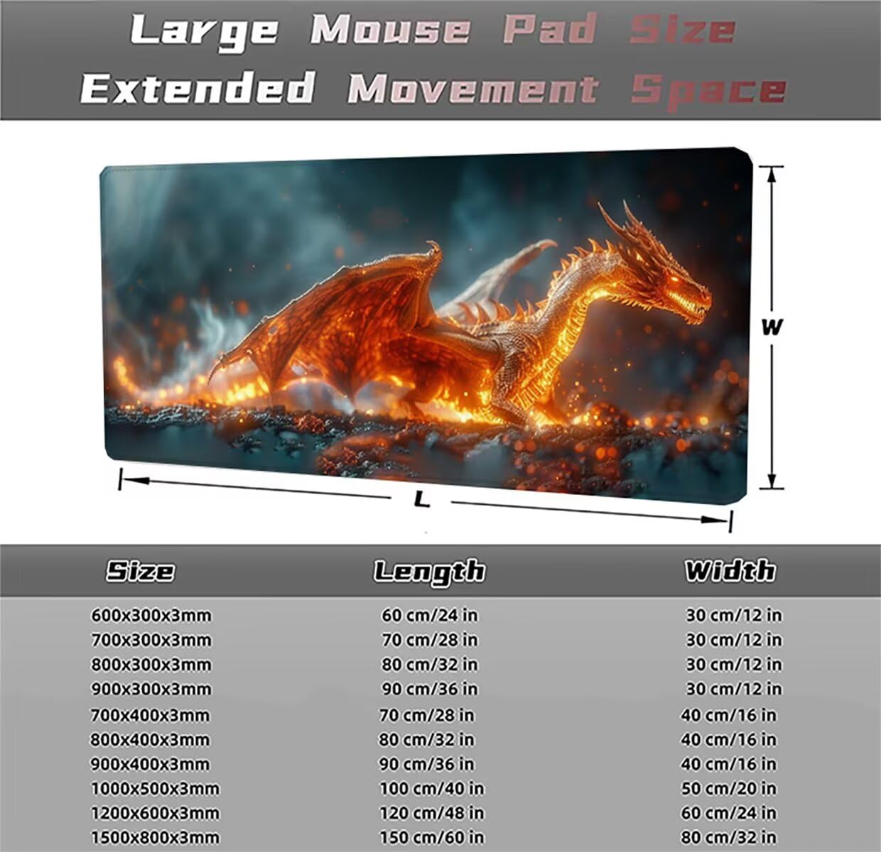 Tappetino per Mouse Gaming XXL 1200x600x3mm– Ufficio Mousepad Grande – Migliora la Velocità e la Precisione Tenuta Stabile Sottomano per Ufficio e Casa Accessori Scrivania Drago PjY11867 N-U