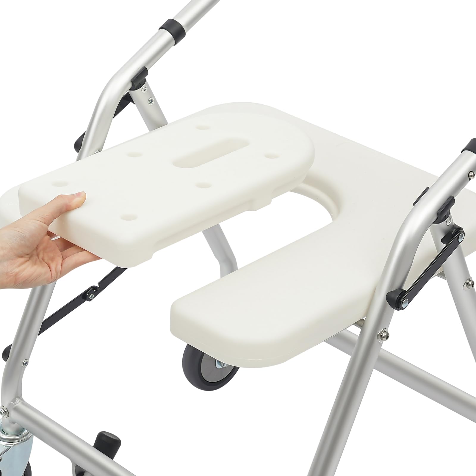 Taburete de ducha plegable con respaldo con 4 ruedas universales, soporta 150 kg, diseño plegable para baño, dormitorio, hospital, residencia, centros de rehabilitación, etc