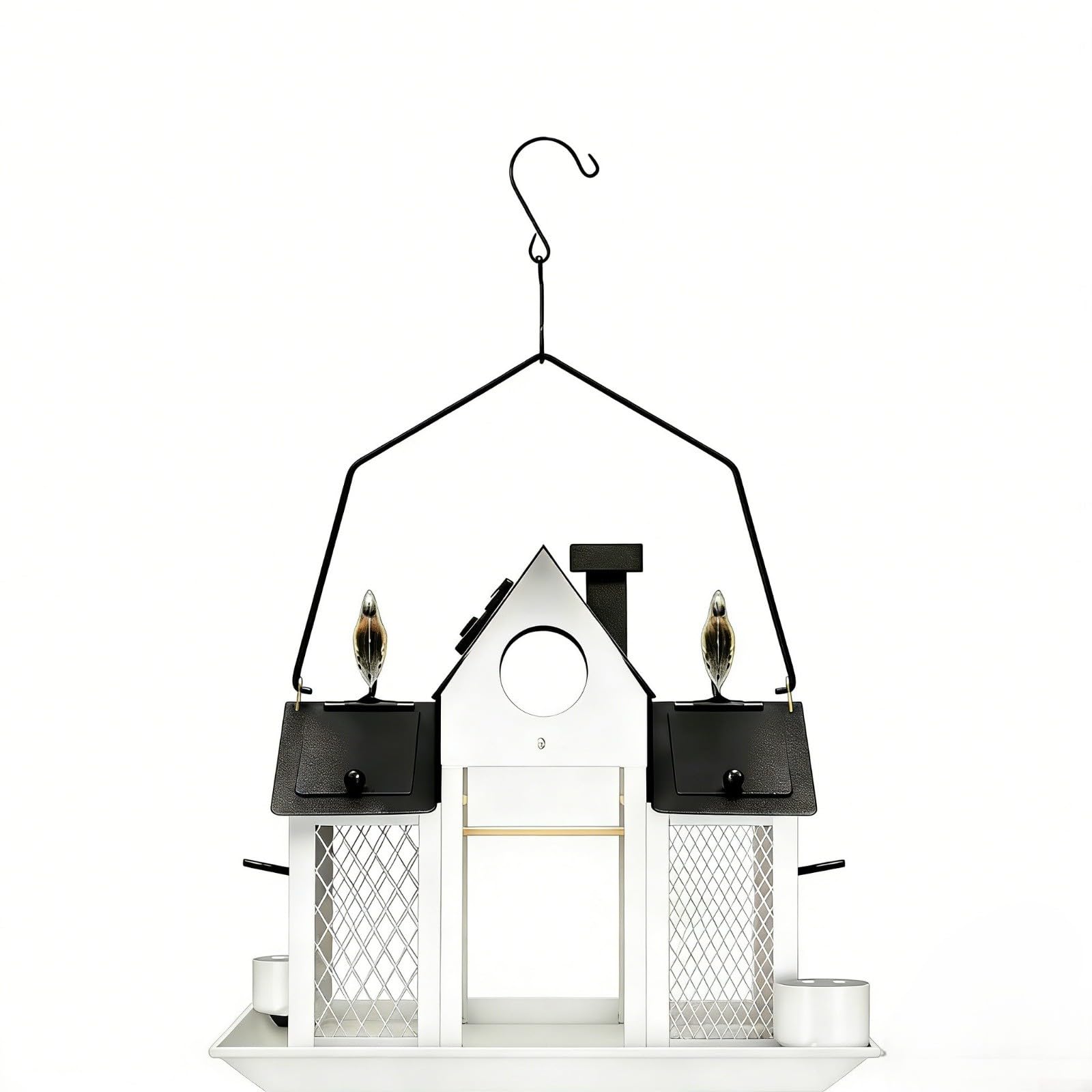 Comedero solar para pájaros con luz, gran capacidad de 5 libras, comedero de pájaros silvestres de metal para exteriores, casa colgante para pájaros inoxidable con ventana transparente, para