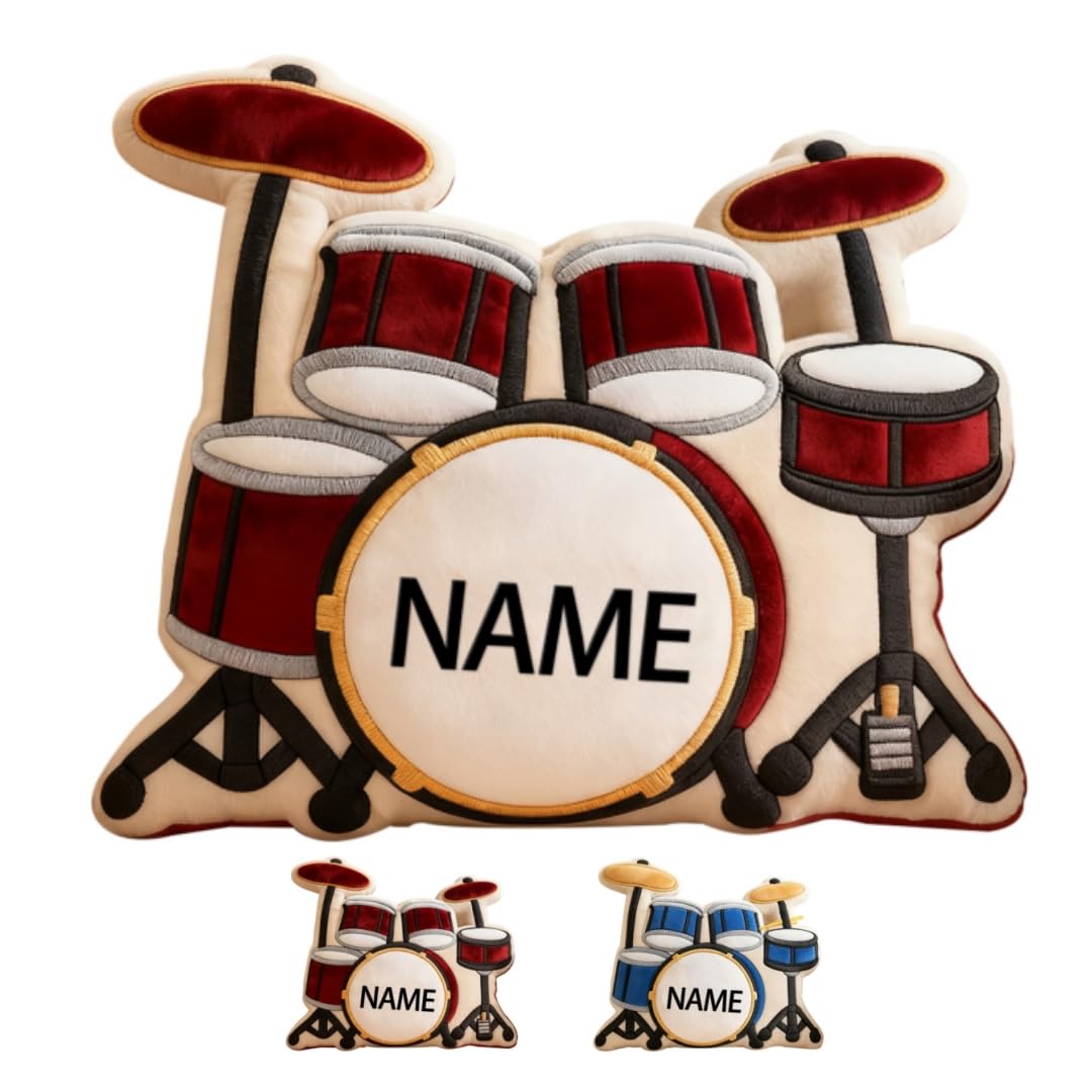 LALILIESS Personalized Drum Shaped Pillow with Name Fashion Cute Music Theme Body Pillow for Sofa Bed Couch Chair Club Custom Drummer's Name Cushions Party Decor Gift for Music Lovers Musician