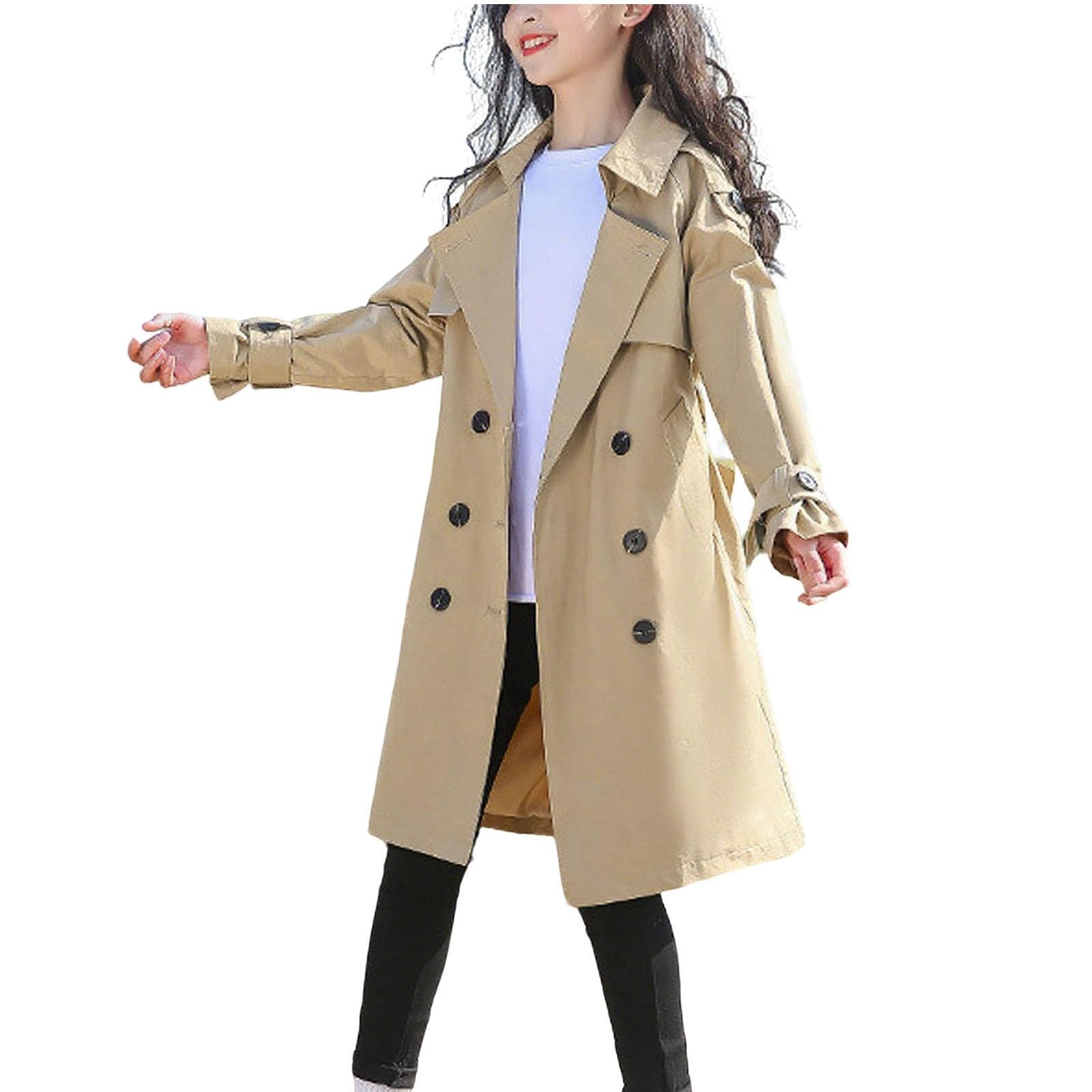 Girls Trench Coat Kids Long Sleeve Windbreaker Double Breasted Coat Lapel Collar Jacket Solid Color Cardigans Loose Fit Overcoat Elegant Coats School Travel Jackets For Autumn Winter Age 4-15 Years