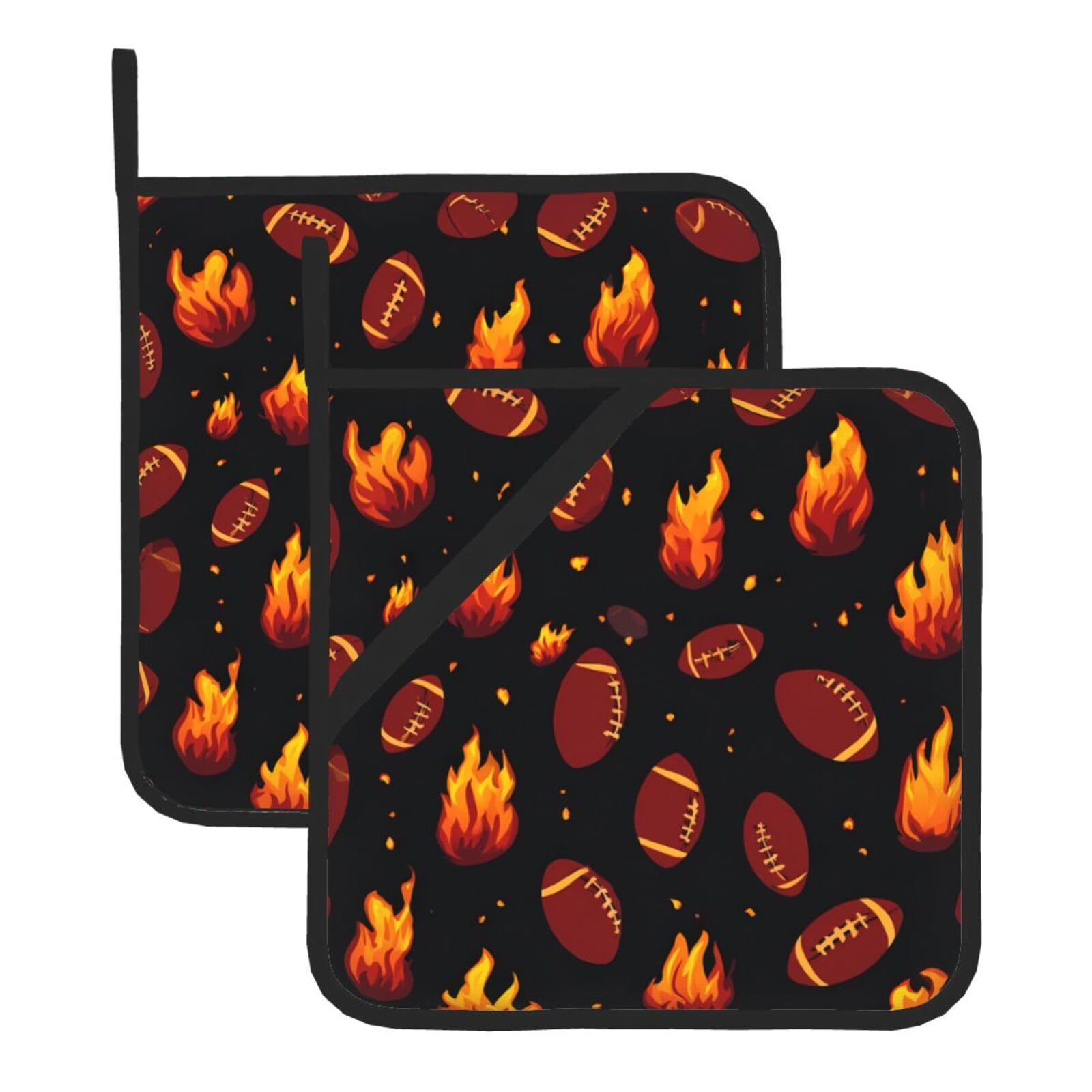 HJFCZH Flame Football Printed Square Insulated Pot Mat Set (2-Piece) 8x8in Waterproof, Thickened & Easy to Clean with Lanyard Design for Kitchen, Oven & BBQ
