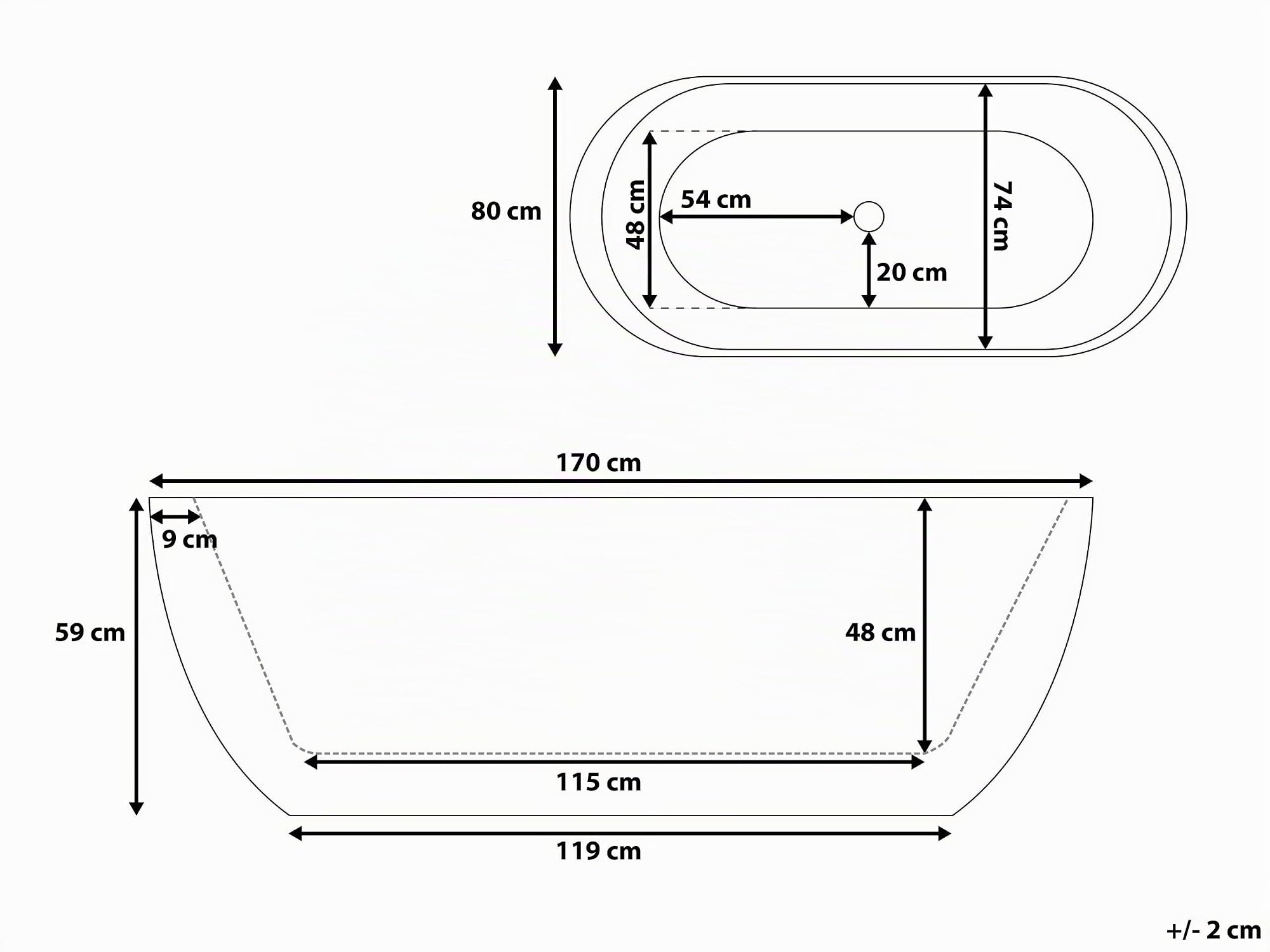 Stilvolle Acryl Badewanne oval freistehend weiß mit Überlauf 170 x 80 cm Nevis