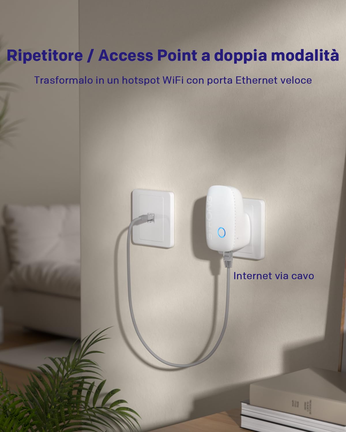 STRONG Ripetitore WiFi Dual Band AC1200Mbps, Ripetitore WiFi potente per casa, Porta Ethernet 100Mbps, Access Point, Lampada Notturna Intelligente, Compatibile con Router, Installazione Facile
