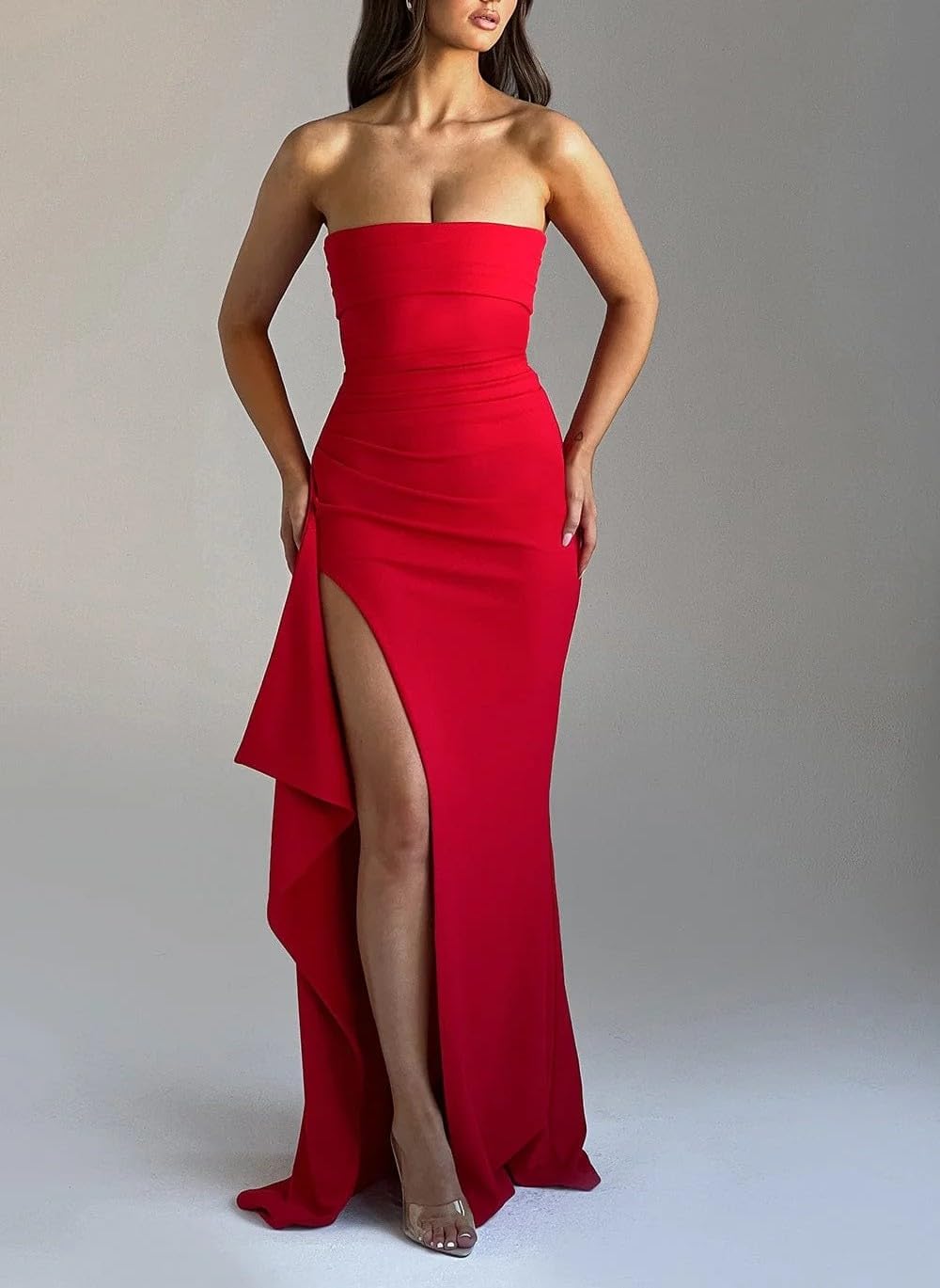Robe longue sans bretelles pour femme avec ourlet irrégulier, fente haute, élégante, robe de soirée décontractée