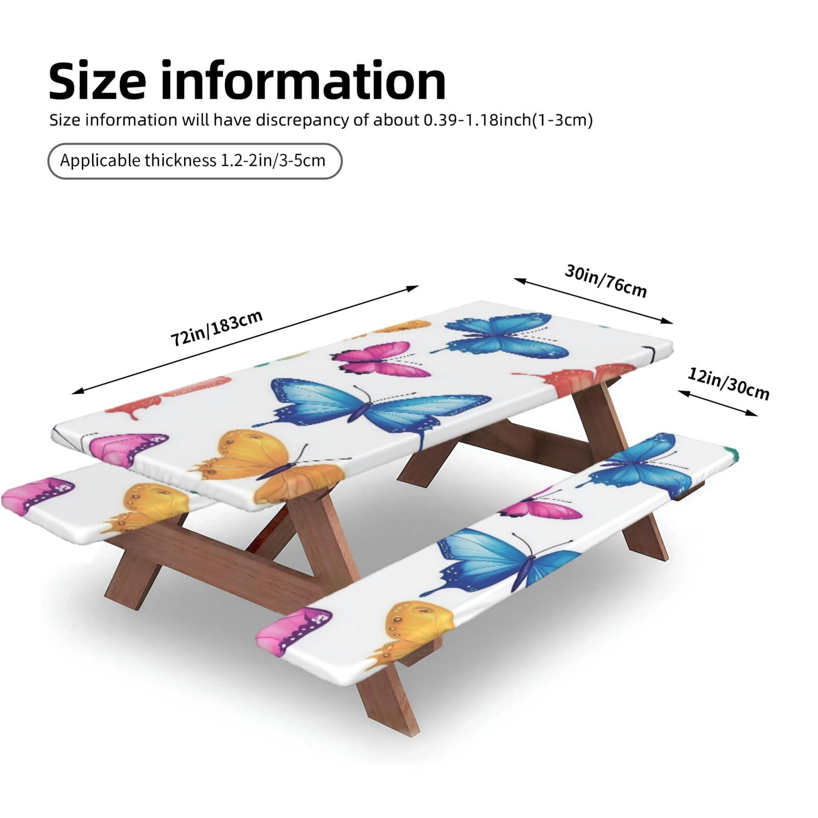 Nappe de pique-nique ajustée avec housses de banc, nappe élastique ajustée, motif papillons colorés, 182,9 cm, imperméable, pour camping, extérieur