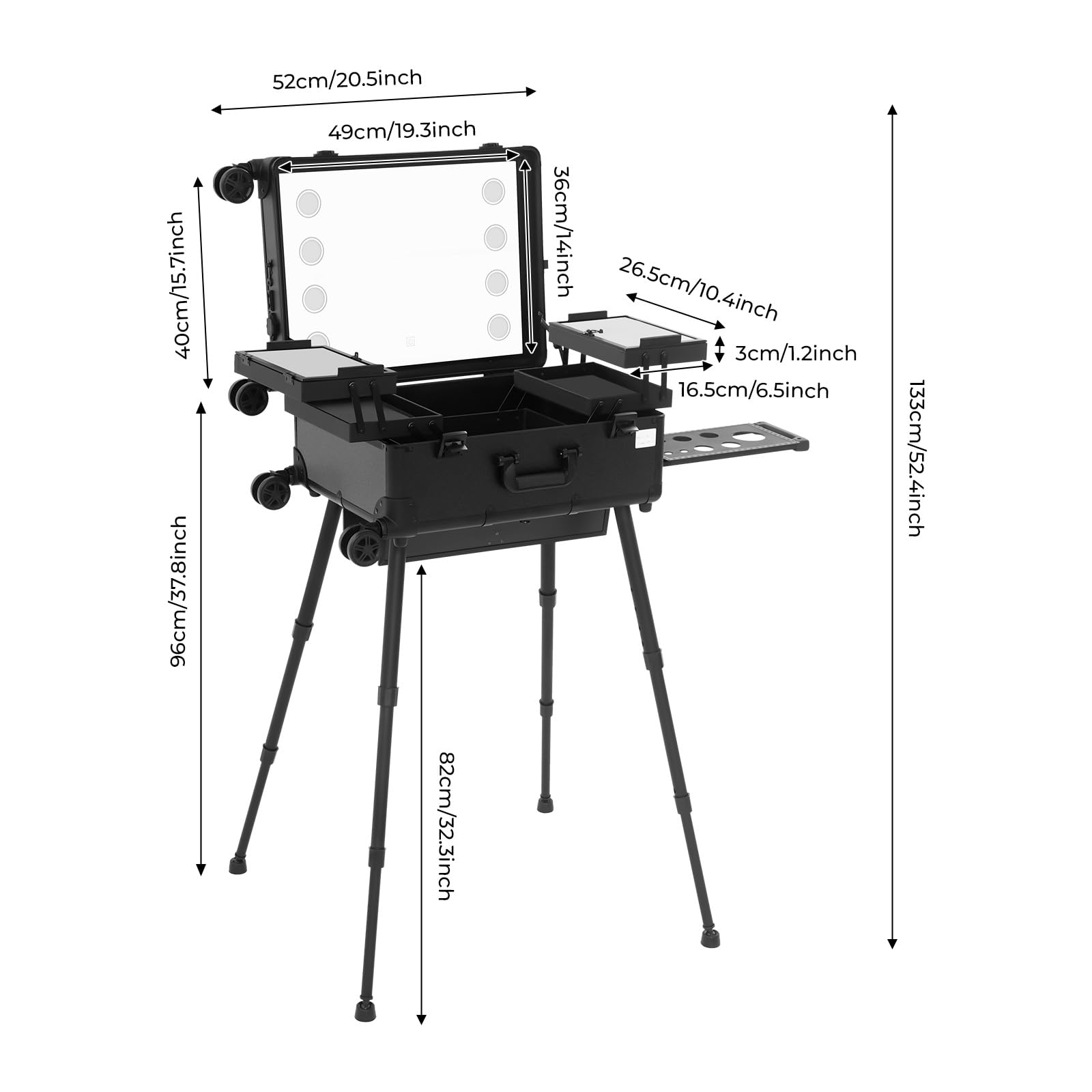 Maletín profesional multifuncional con 4 ruedas, iluminación, espejo y soporte de altura ajustable 3 niveles, base 12 V, Negro