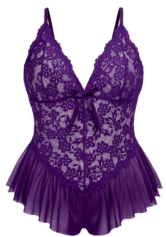 Babydoll Lingerie for Women Lace Bodysuit One Piece Teddy Babydoll Mesh Chemise V Neck Sleepwear with G-String Panty