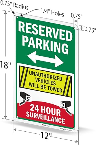 Miniatura 6 de SmartSign Letrero metálico de 18 x 12 pulgadas con texto en inglés "Reserved Parking  Unauthorized Vehicles Will Be Towed, 24 Hour Surveillance ",