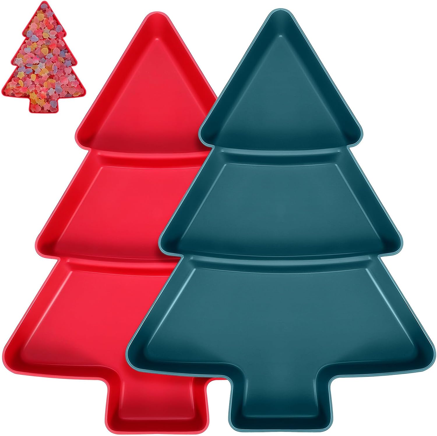 SUPVOX Christmas Tree Shaped Snack and Nuts Display Plate Set, 2pcs Multi-compartment Serving Tray for Holiday Appetizers and Desserts, Green and Red Festive Candy and Fruit Storage Dish