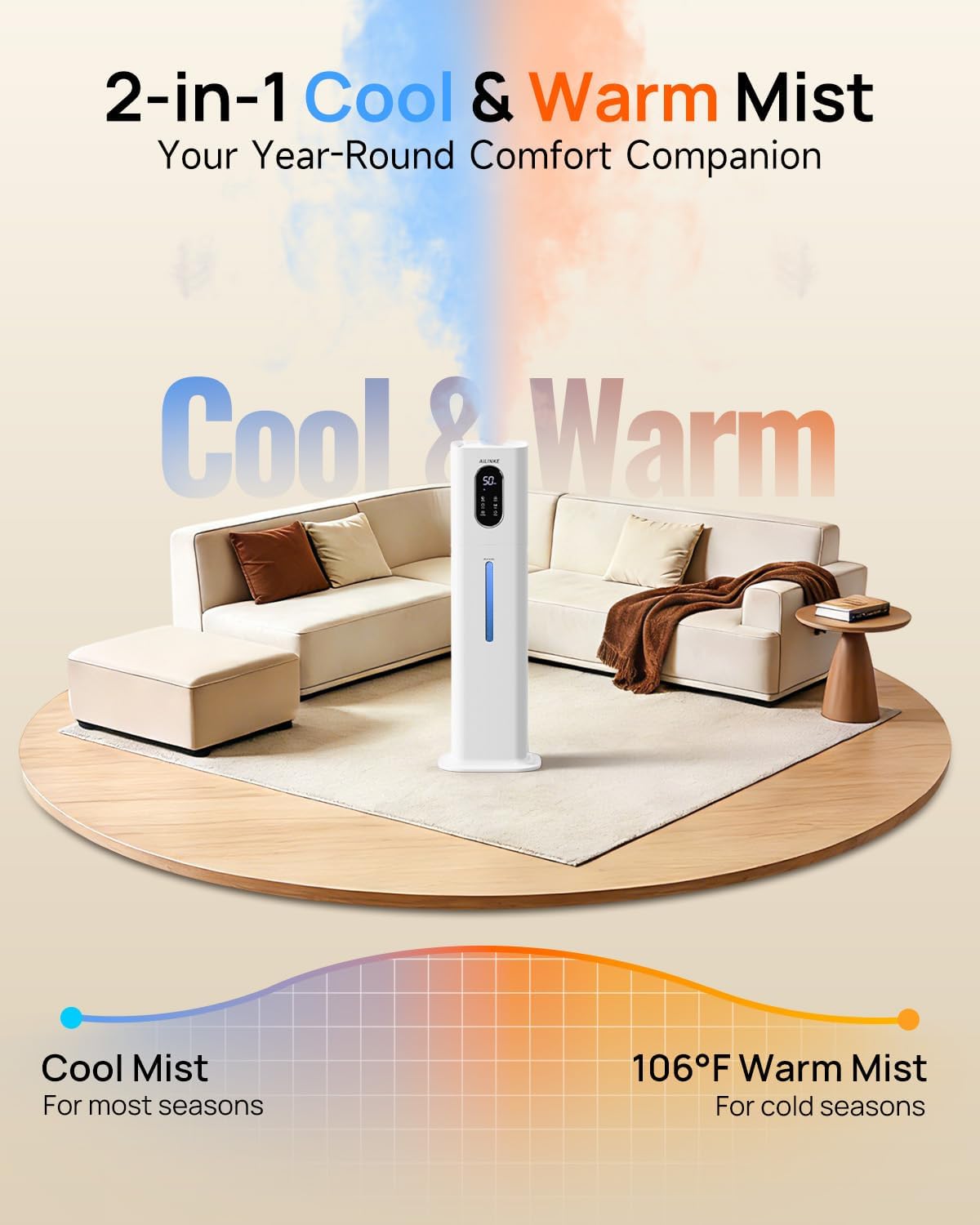 2.1gal/8l warm & cool mist humidifiers for bedroom 500 sq ft, ailinke top-fill humidifier large room with essential oil diffuser, large room humidifiers for home baby nursery office plants, white