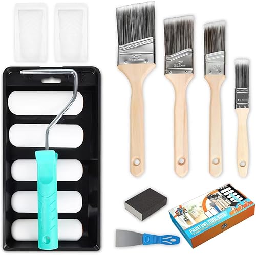 Kit de herramientas de pintura, pinceles de pintura y rodillo de pintura de espuma de 4 pulgadas para propietarios profesionales o de viviendas con