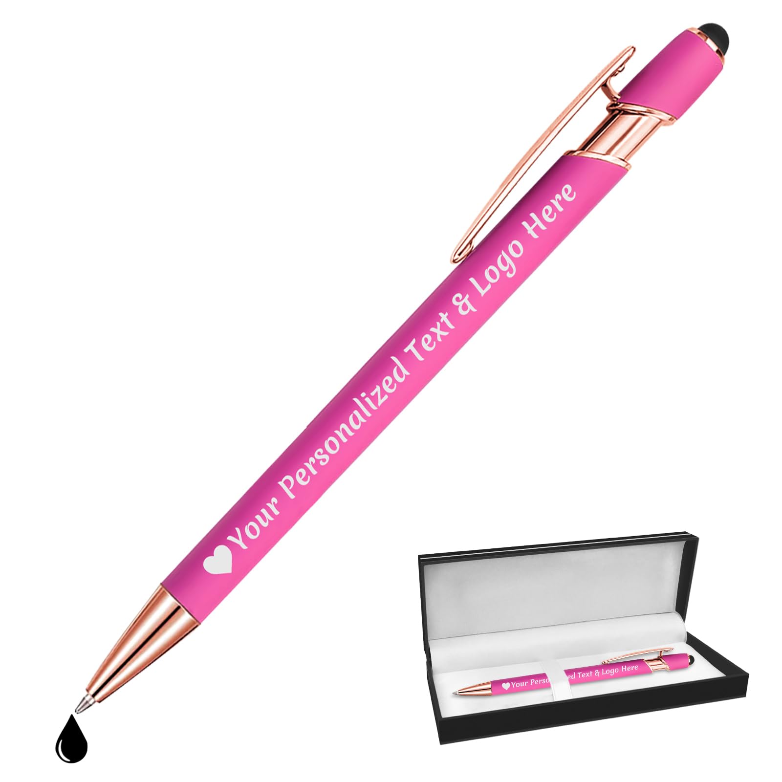 STREADVE Personalised Pen Add Your Own Logo Name Pens Engraved Customised Ballpoint Pen Writing Stylus Pen Custom Bridal Shower Birthday Women Gift Unique Present, Pink
