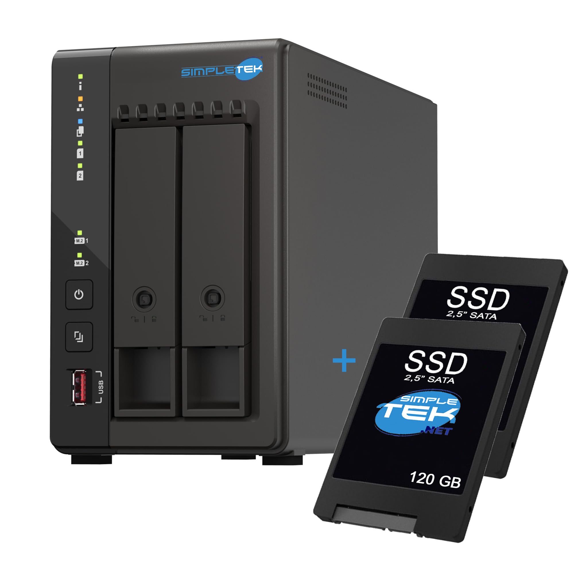 SIMPLETEK - Server Storage NAS a 2 Vani con 2x SSD 120GB - Quad-Core 2.0GHz - 8GB RAM DDR4 Integrata - 2 Slot M.2 NVMe - Doppia Rete 2.5GbE