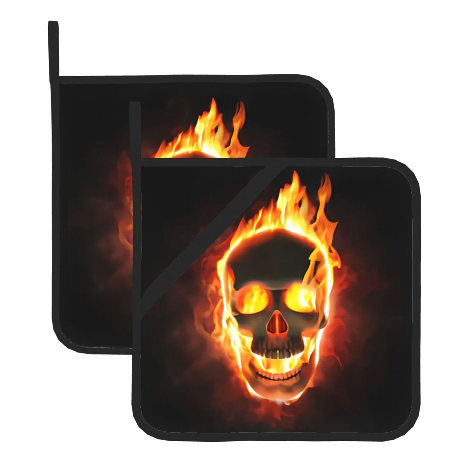 WHJDPP fire Skull Prints Square Hot Pads for Kitchen Counter - Waterproof Pot Holders Set of 2, Heat Resistant Trivets with Pocket & Hanging Loop for Serving, Oven & BBQ