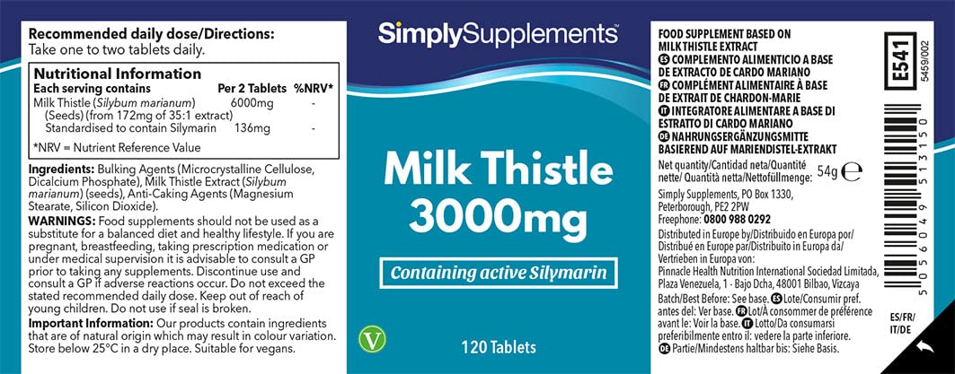 Cardo Mariano 3000mg - Con Silimarina - 120 compresse - Adatto ai vegani - 4 mesi di trattamento - SimplySupplements