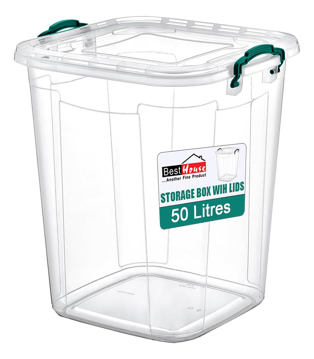Best House | Plastic Storage Box with Clips & Lids | Size: 50L (L:42.4cm W:40cm H:48.8cm) | Set of 1 | Square Shape | Stackable Clear Durable Multipurpose Office Home Kitchen Tools Crafts (LARGE Size) โ image 1