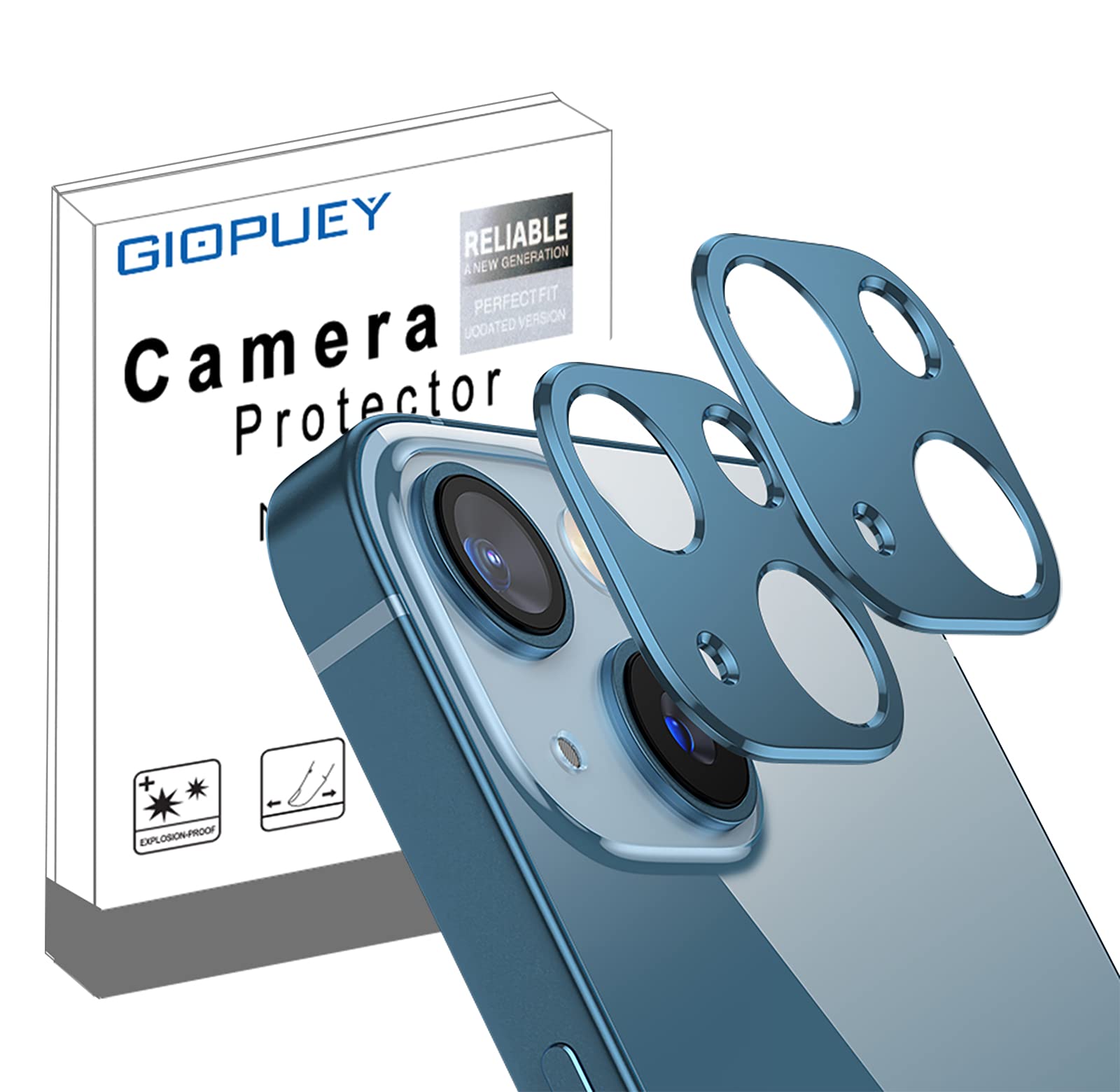 GIOPUEY - Protector de pantalla para iPhone 13, [Pack de 2] iPhone 13 Mini protector de pantalla, cámara de metal protector [resistente a los arañazos] - Blue