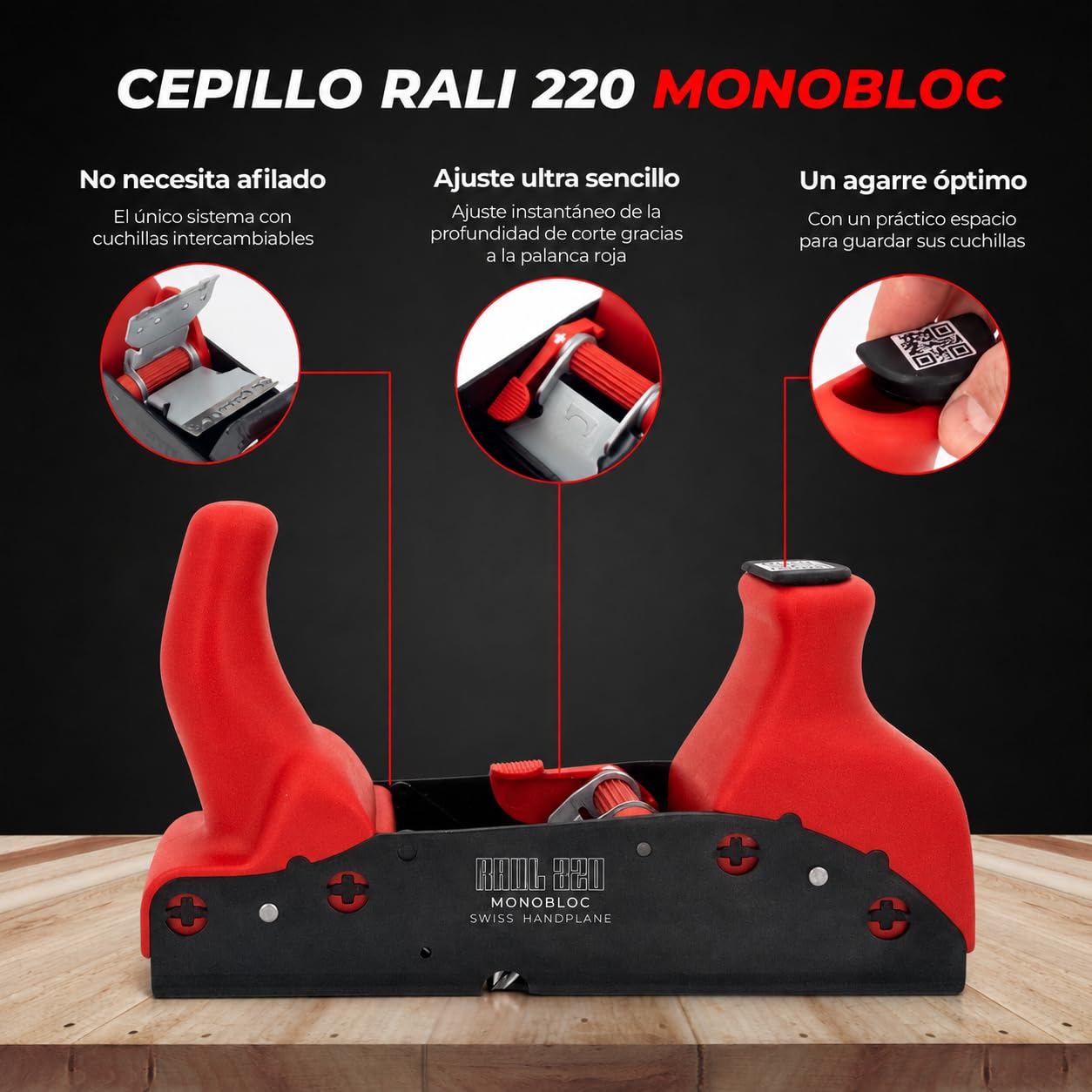 PACK PIALLA RALI 220 MONOBLOC + 10 LAME CROMO: pialla da falegname senza affilatura per il legno | pialla manuale con lama reversibile, regolazione istantanea della profondità | Per demancare e la