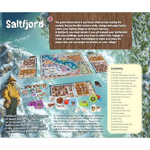 Image of Saltfjord Board Game - Dice Drafting, Fishing and Village Expansion Strategy Game Set in 19th Century Norway, Ages 14+, 1-4 Players, 60 Minute Playtime, Made by Aporta Games