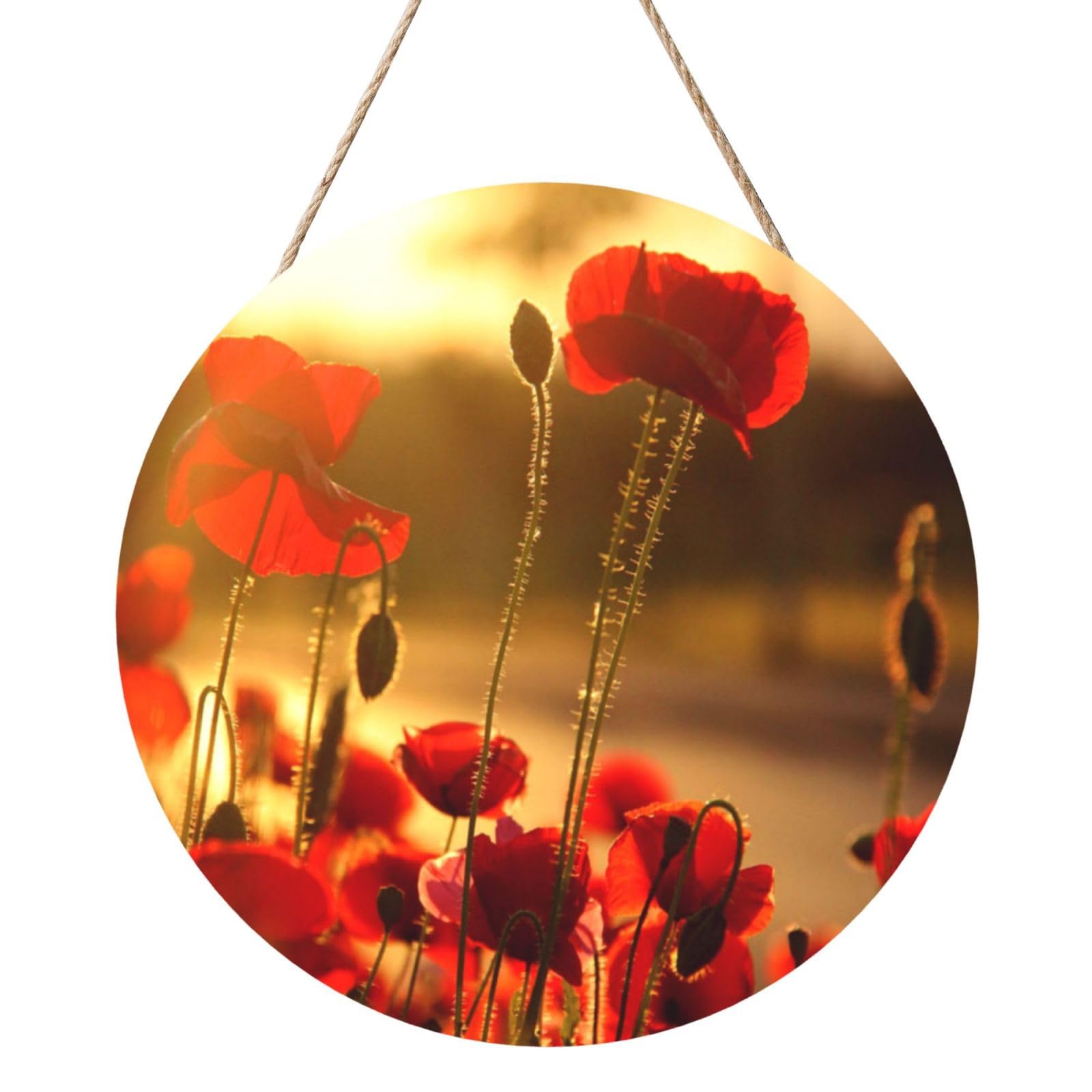 InOmak Poppy Flower, Round Wood Panel Painting 12 in, Wall Hanging Painting For Home