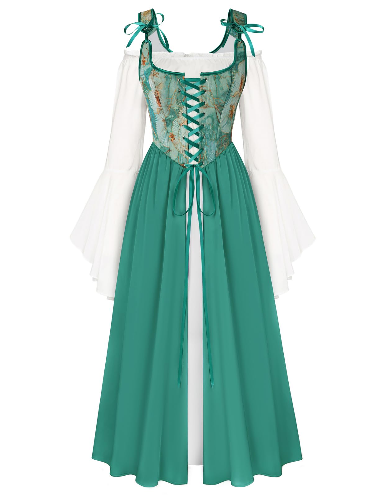 Scarlet Darkness Women Renaissance Costume Bell Sleeve Medieval Fairy Dress, Emerald Bee Floral, 12