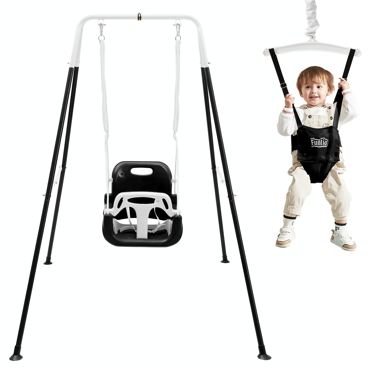 FUNLIO 2-in-1 Schaukeln Set und Baby Türhopser für Kleinkinder, Schaukelset für Kinder mit 4 Sandsäcken, Faltbarer Metallständer für drinnen und draußen - schwarz