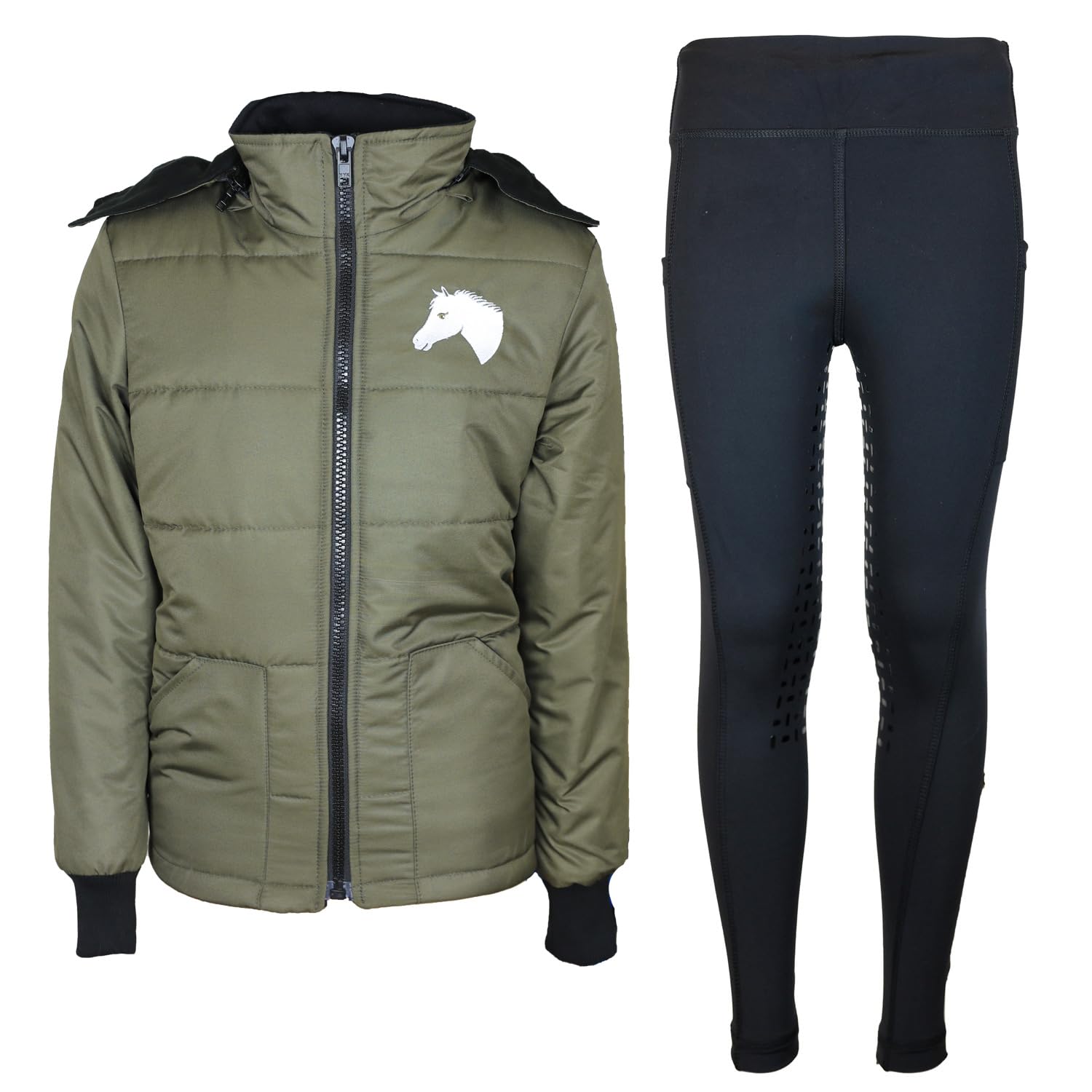 Kinder Reitset Reitjacke Mia Oliv Grün gesteppt Fleecefutter mit Silikon-Vollbesatz Reitleggings Schwarz