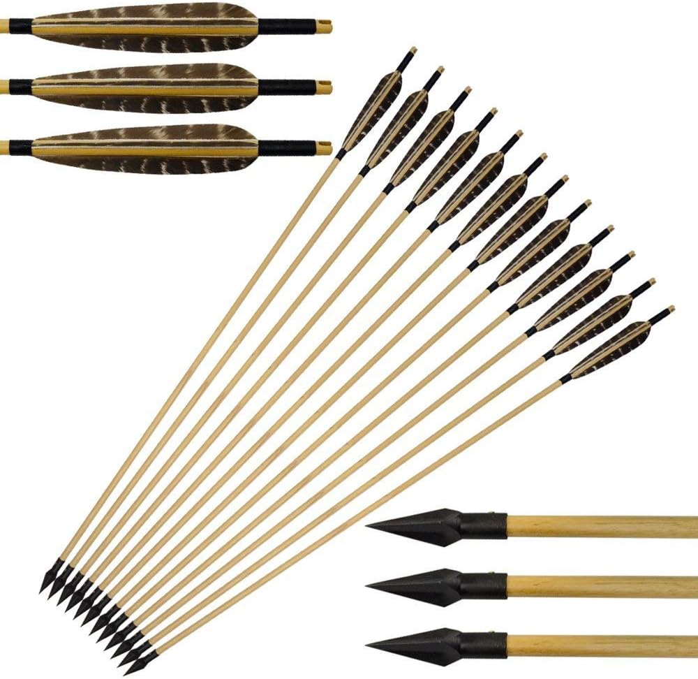 Tongtu 32" 12Pcs Wooden Arrows Archery Hunting Turkey Feathers Fletched Handmade with Metal Broadheads for Recurve Bow or Traditional Longbow