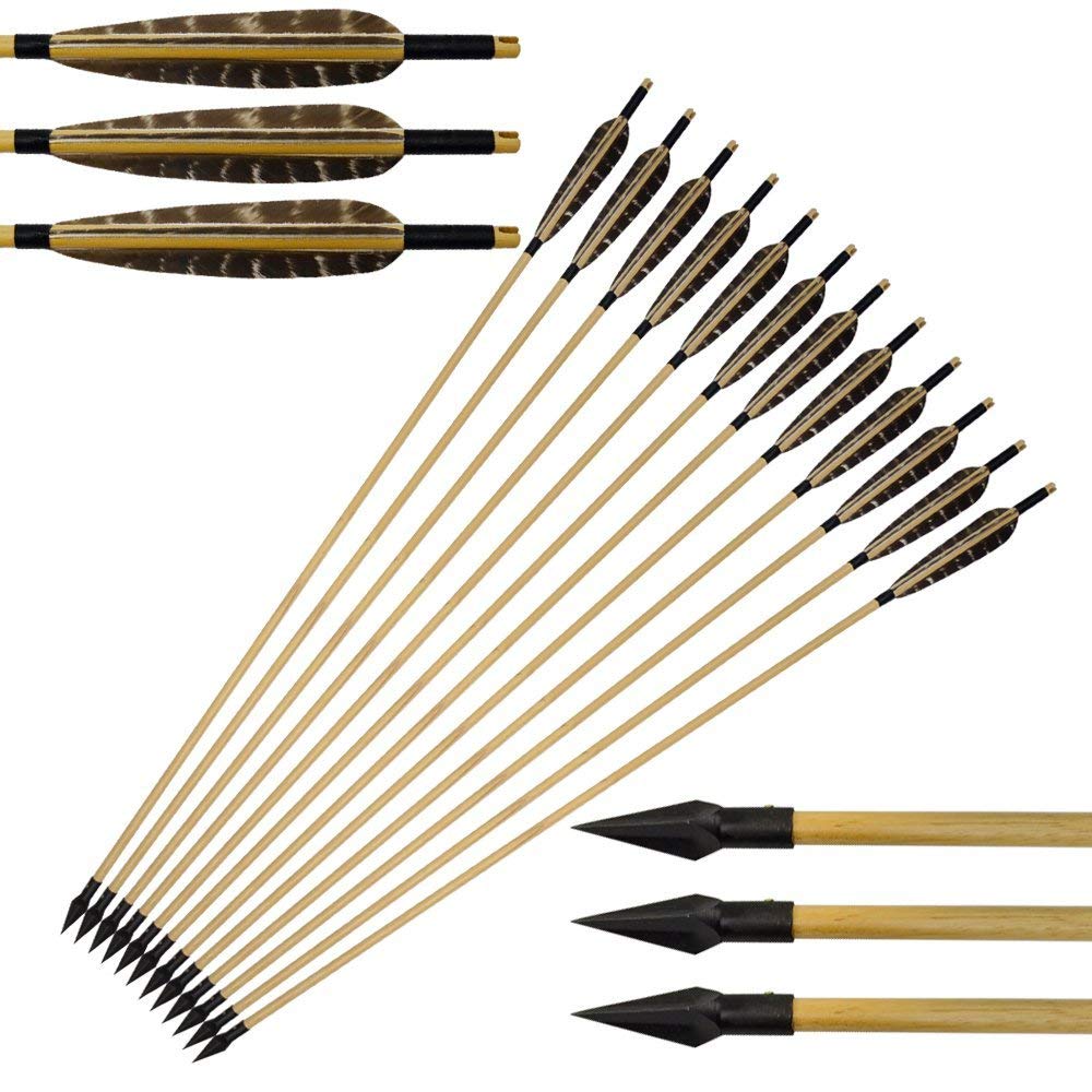 Tongtu 32" 12Pcs Wooden Arrows Archery Hunting Turkey Feathers Fletched Handmade with Metal Broadheads for Recurve Bow or Traditional Longbow