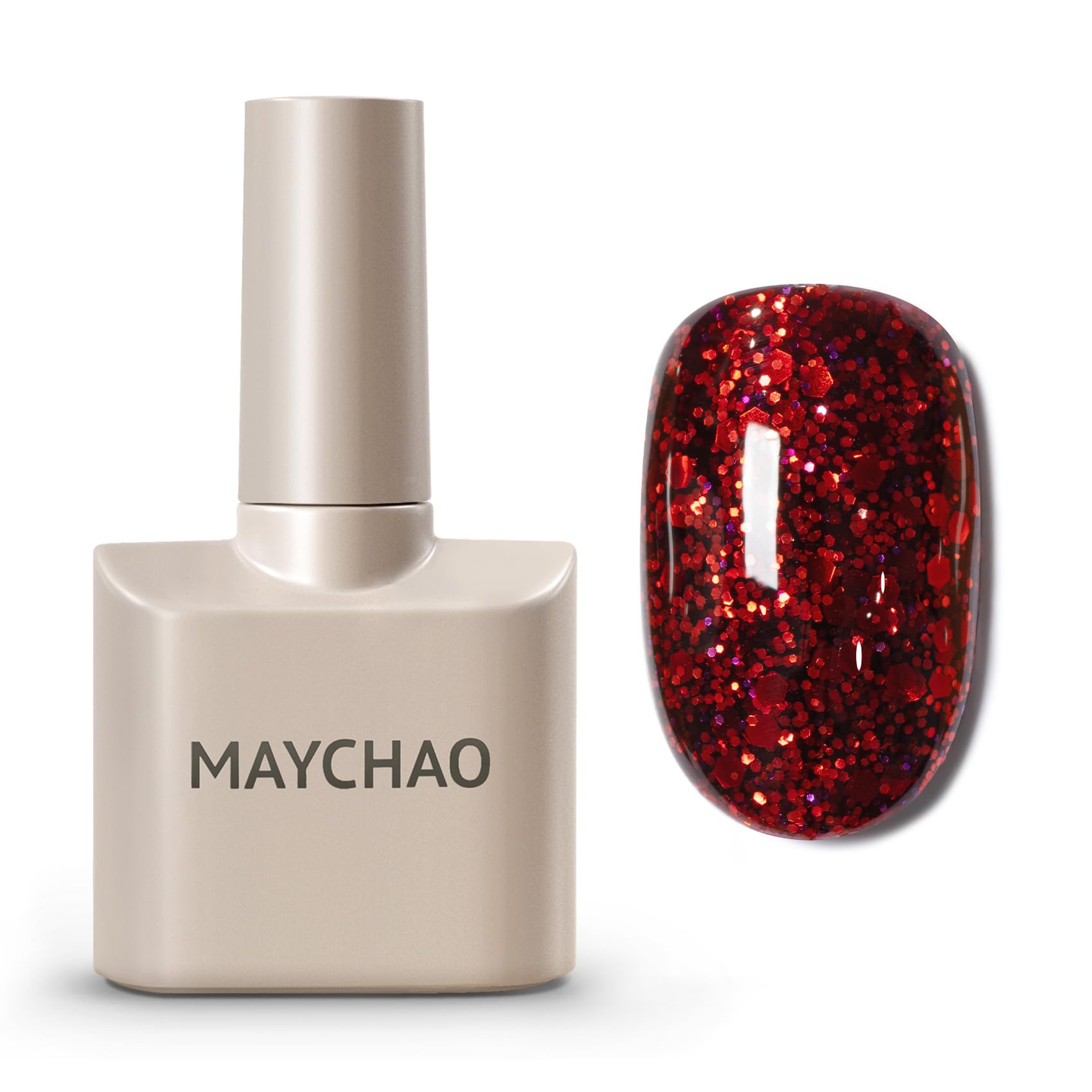 MAYCHAO Glitter Gel Nail Polish, 15ML Fiery Red Glitter Gel Polish Soak Off UV LED Needed for Nail Art Starter Manicure Salon DIY at Home, 0.5 OZ