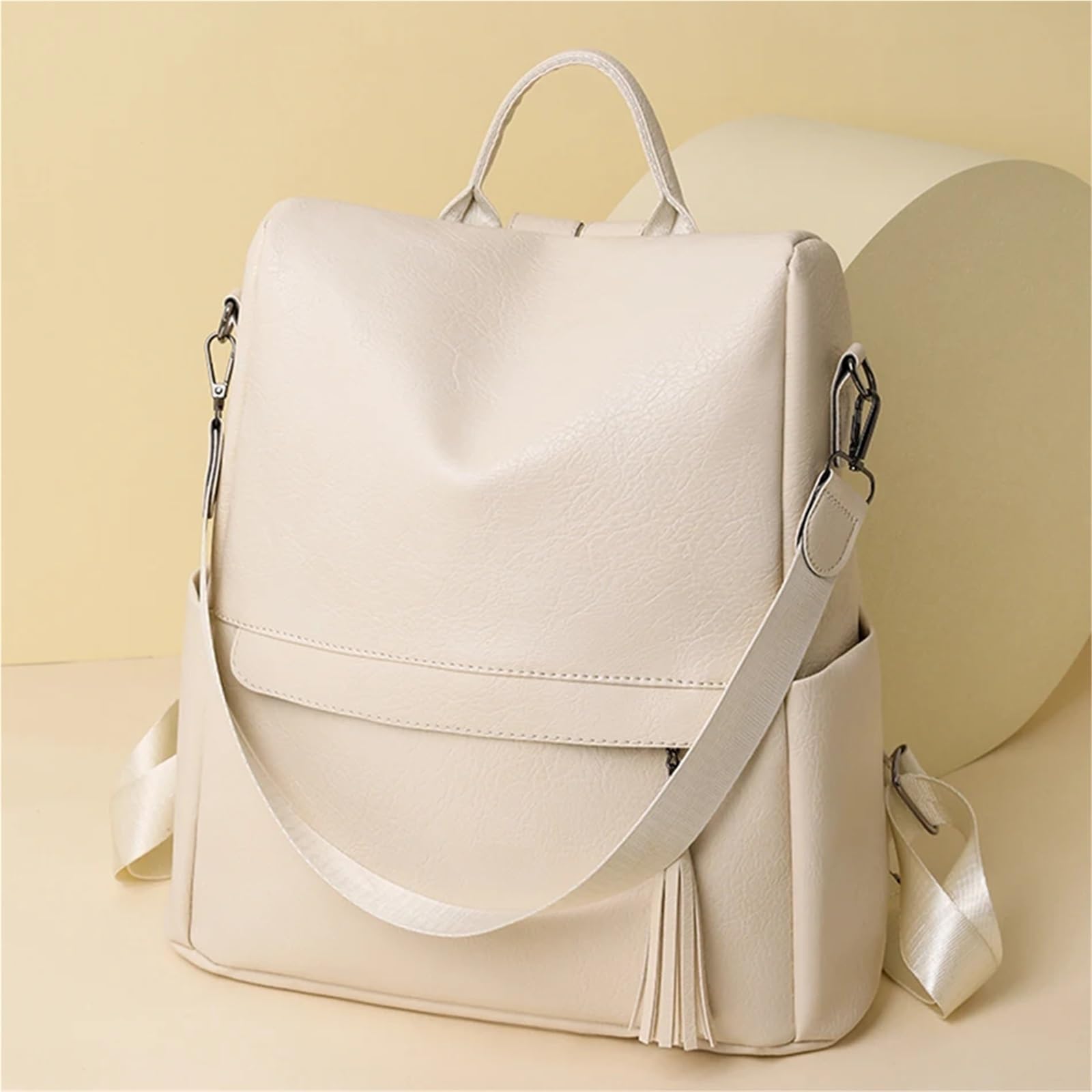 Mochila de Cuero de Color Liso for Mujer, Mochila de Viaje de Cuero for Adolescentes Escolares. para Viajes Y Trabajo(White)