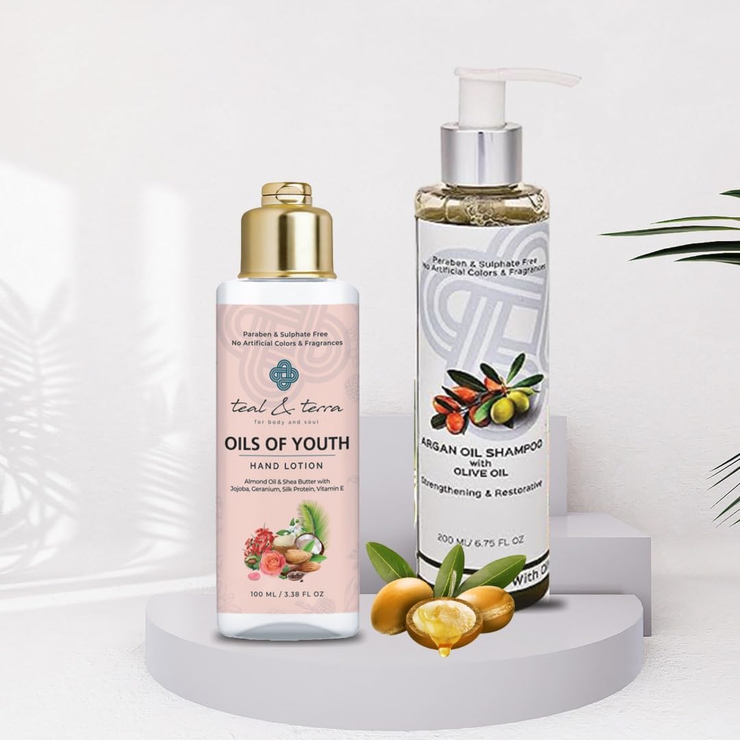 Teal and Terra Skin & Haircare Delight Combo: Nourishing Hand Lotion (100ml) | Lightweight Moisturization for Smooth, Soft Hands + Argan Oil Shampoo Infused with Argan & Olive | Anti-Dandruff & Hair Growth Formula (200ml)-image-12