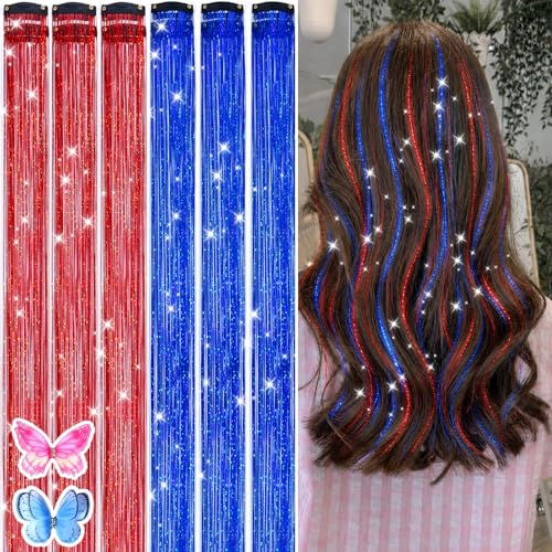 Clip in Hair Tinsel Kit 26 Inch 12 Pcs Colorful Glitter Fairy Hair Extensions for Girls Women Kids Heat Resistant Sparkly Hair Accessories for Party Christmas Festival (Red+Blue)